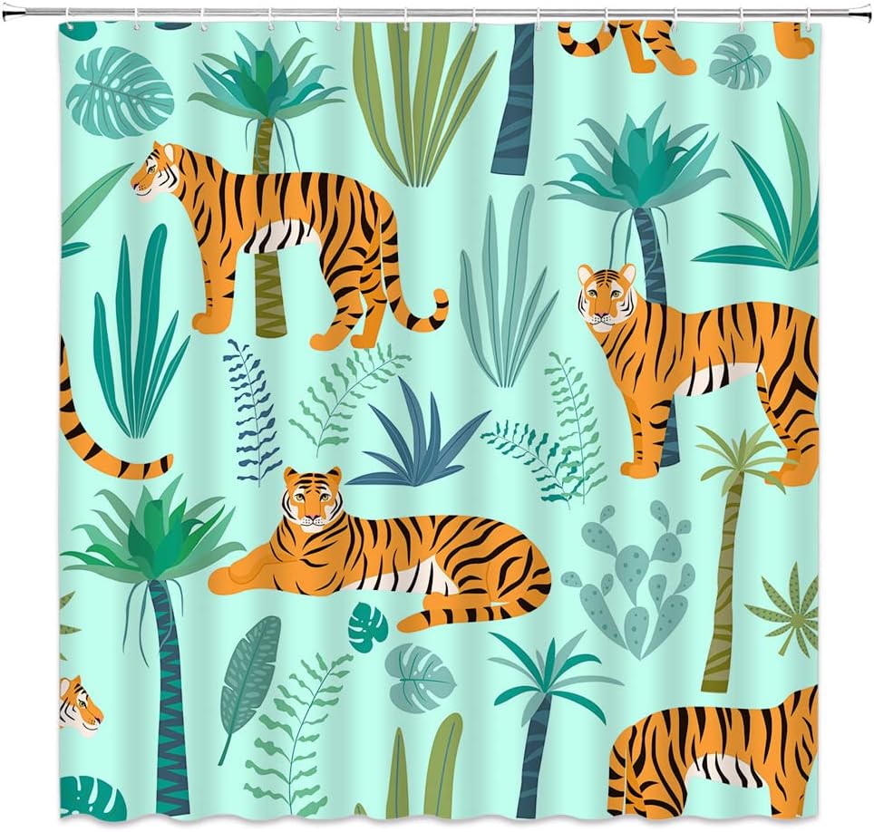 Tiger Shower Curtain Tropical Plant Palm Leaf Wildlife Leopar Big Cat Animal Jungle Rainforest Banana Monstera Forest Tree Fabric Bathroom Sets with Hooks,Green Blue Yellow