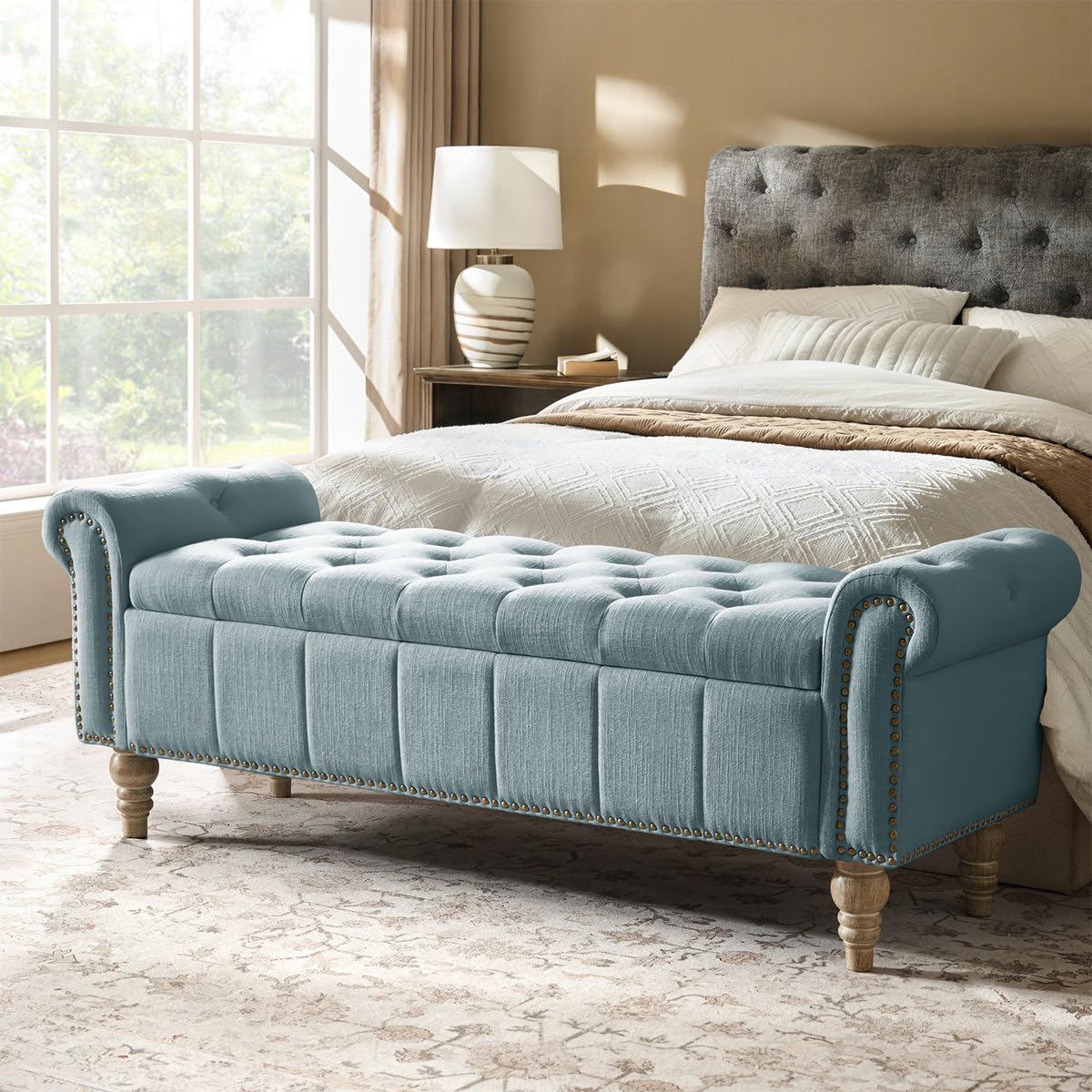 Foremost sofa Georgia 58.5'' W Traditional Classic 2 Seater Sofa Storage Bench Couchbench Ottoman Storege with Solid Wood Legs and Nailhead Trim Living Room (Light Blue)-image-30