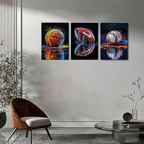 Miniatura 5 de Juego de 3 lienzos deportivos para pared, diseño retro de baloncesto, rugby, fútbol, béisbol, estilo graffiti, pintura de bolas, decoración de pared