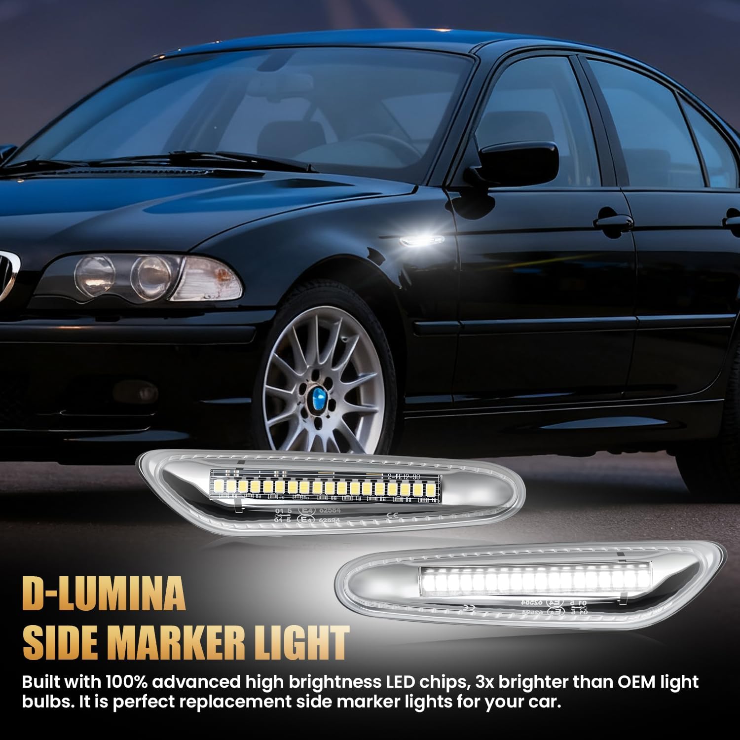 D-Lumina Sequential White LED Side Marker Turn Signal Lights Assembly for BMW E90 E91 E92 E93 E46 E53 E60 E61 X3 E83 X1 E84 E81 E82 E87 E88 Side Marker Light, Clear Lens Side Marker Lamp, Pack of 2