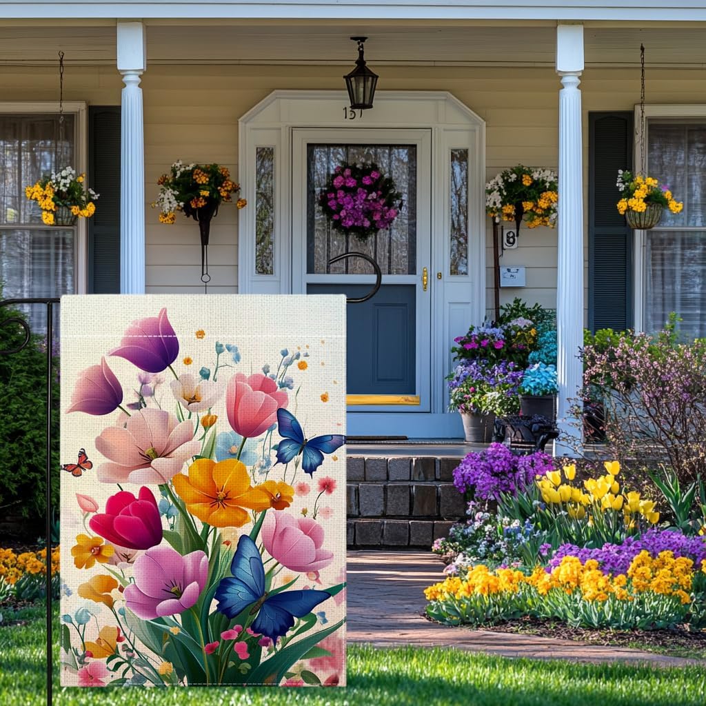 Spring Colorful Floral Garden Flag 12x18 Inch Double Sided Summer Butterfly Tulip Flower Yard Outdoor Flag House Holiday Outside Decoration - Image 4