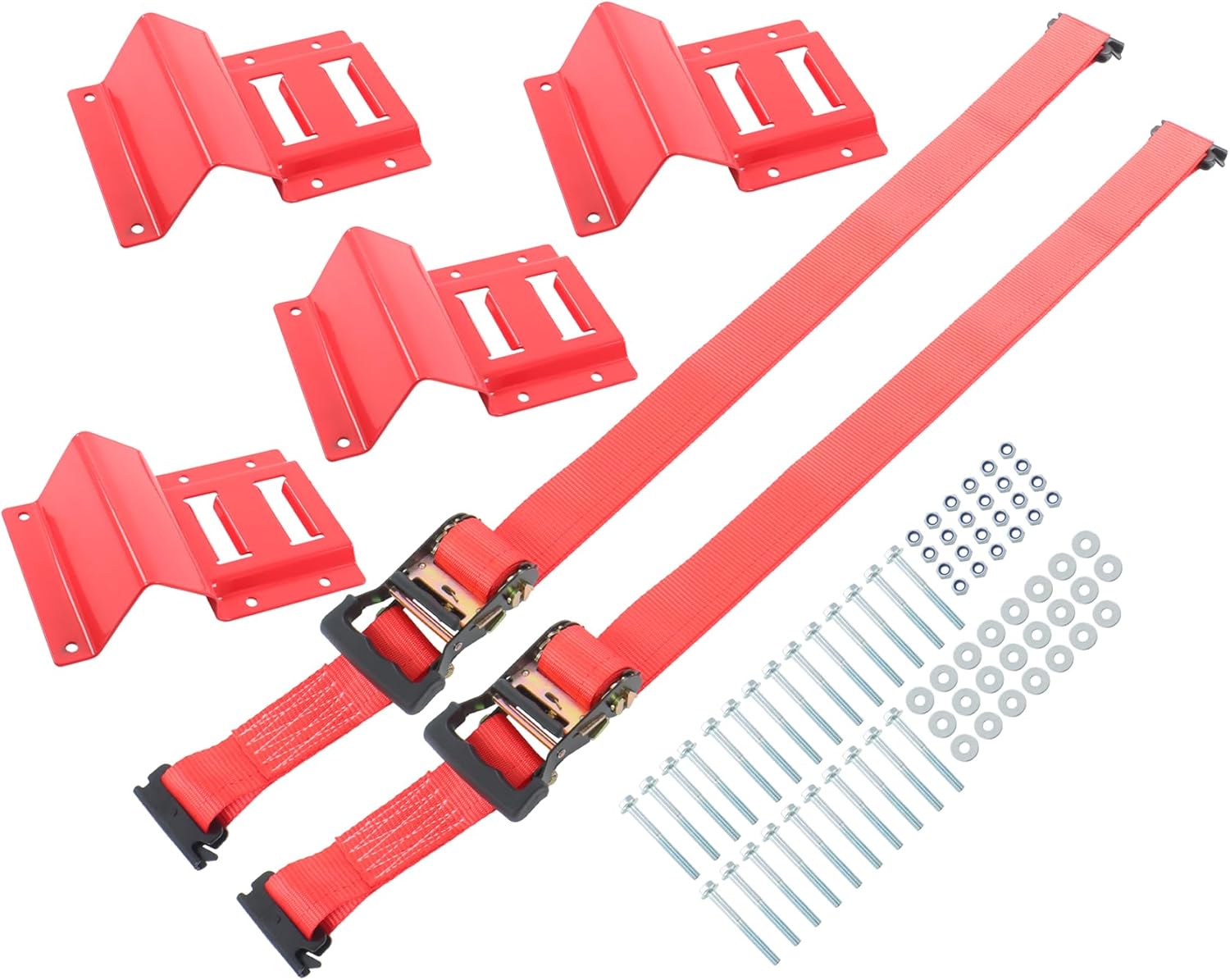1 Set Red E-Track Wheel Chock Tie Down Kit with 8' Heavy Duty Trailer Tire Ratchet Straps 4500lbs Break Strength Replacement for ATV UTV Lawn Mower
