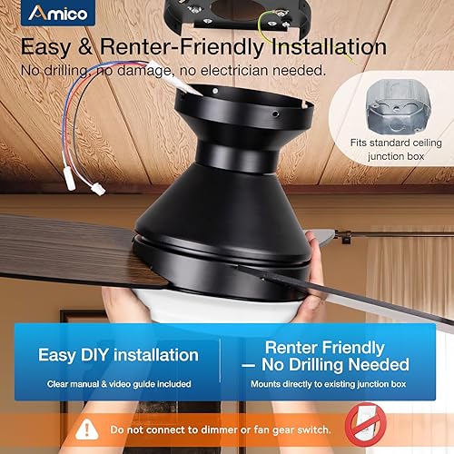 Miniatura 7 de Amico Ventiladores de techo con luces, perfil bajo, control remoto, montaje empotrado, reversible, 3CCT, regulable, silencioso, para dormitorio, uso