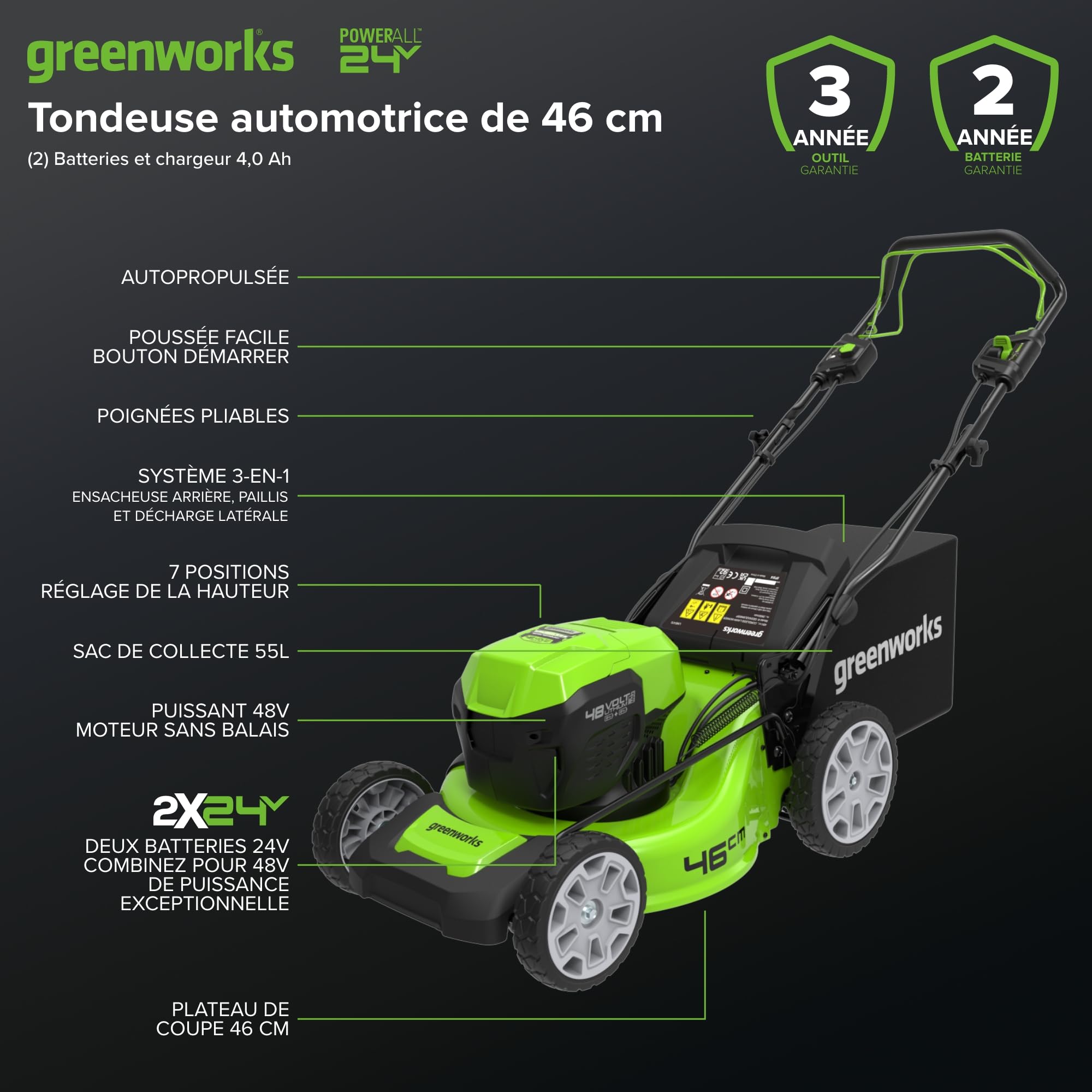 Greenworks 48V (24V x 2) Tondeuse à Gazon Sans Fil Autopropulsée, Largeur de Coupe 46cm, Sac 55L, 2x24V 4Ah, Chargeur Double