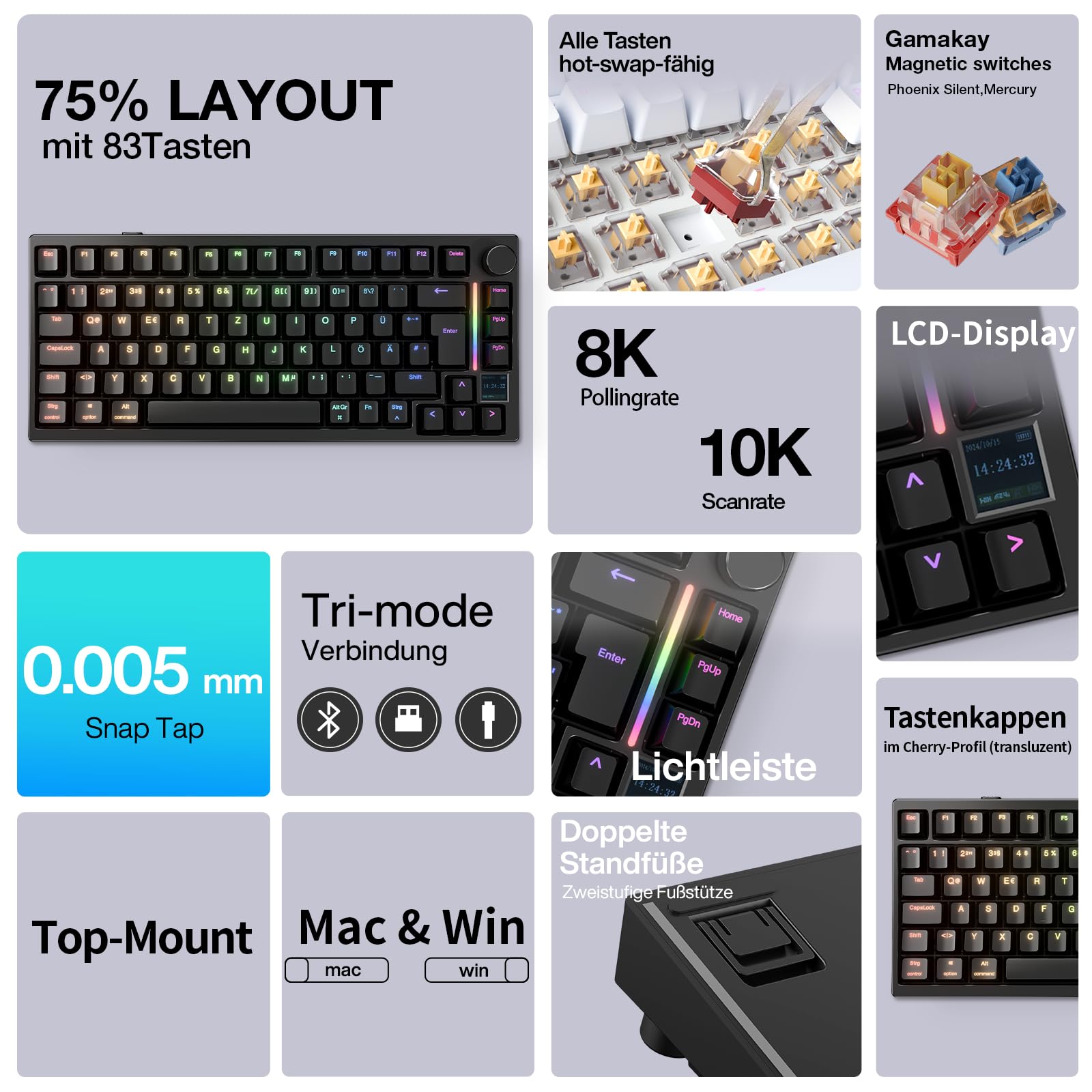 GK GAMAKAY TK75HE V2 75% Kabelloses Gaming Tastatur QWERTZ ISO-DE Layout TFT Bildschirm BT 2.4GHz USB-C 8KHz 0,005mm RT Hall Effekt Magnetschalter Schwarz