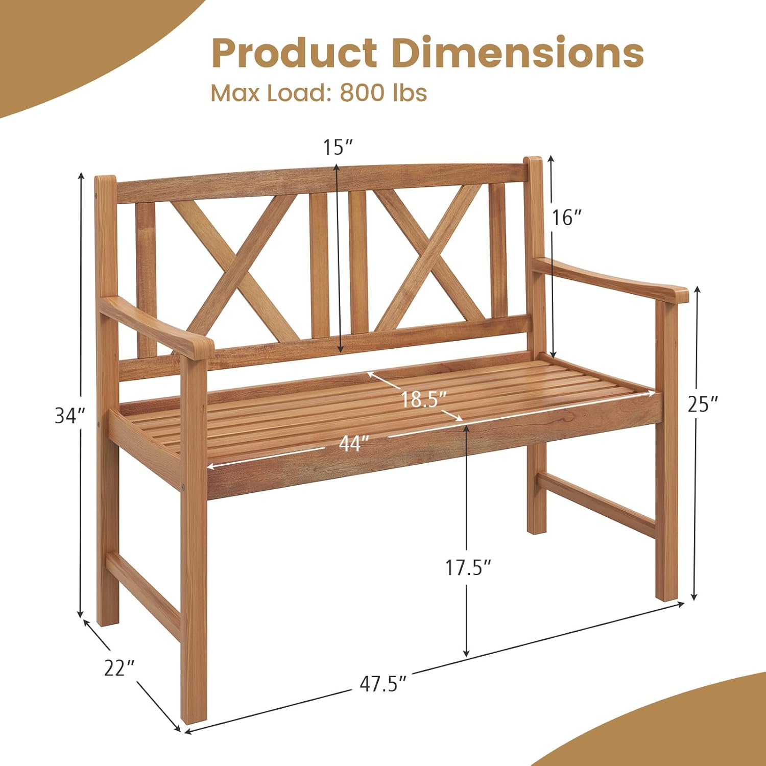 Tangkula Patio Acacia Wood Bench, 2-Person Outdoor Loveseat Chair, Cozy Armrest & Backrest, Sturdy Acacia Wood Frame, Outdoor Slatted Seating Bench for Backyard, Garden, 800 lbs Max Load