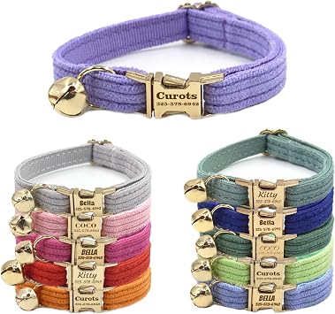 Personalized Cat Collar with Pet Name Phone Number Engraved Metal Buckle, Customized Adjustable Velvet Collars with Bell for Kittens