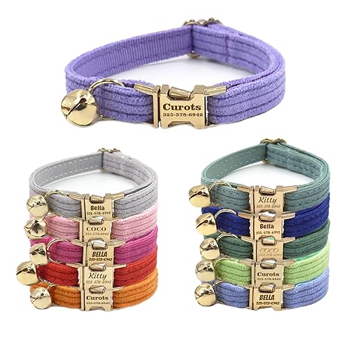 Miniatura 1 de Personalized Cat Collar with Pet Name Phone Number Engraved Metal Buckle, Customized Adjustable Velvet Collars with Bell for Kittens