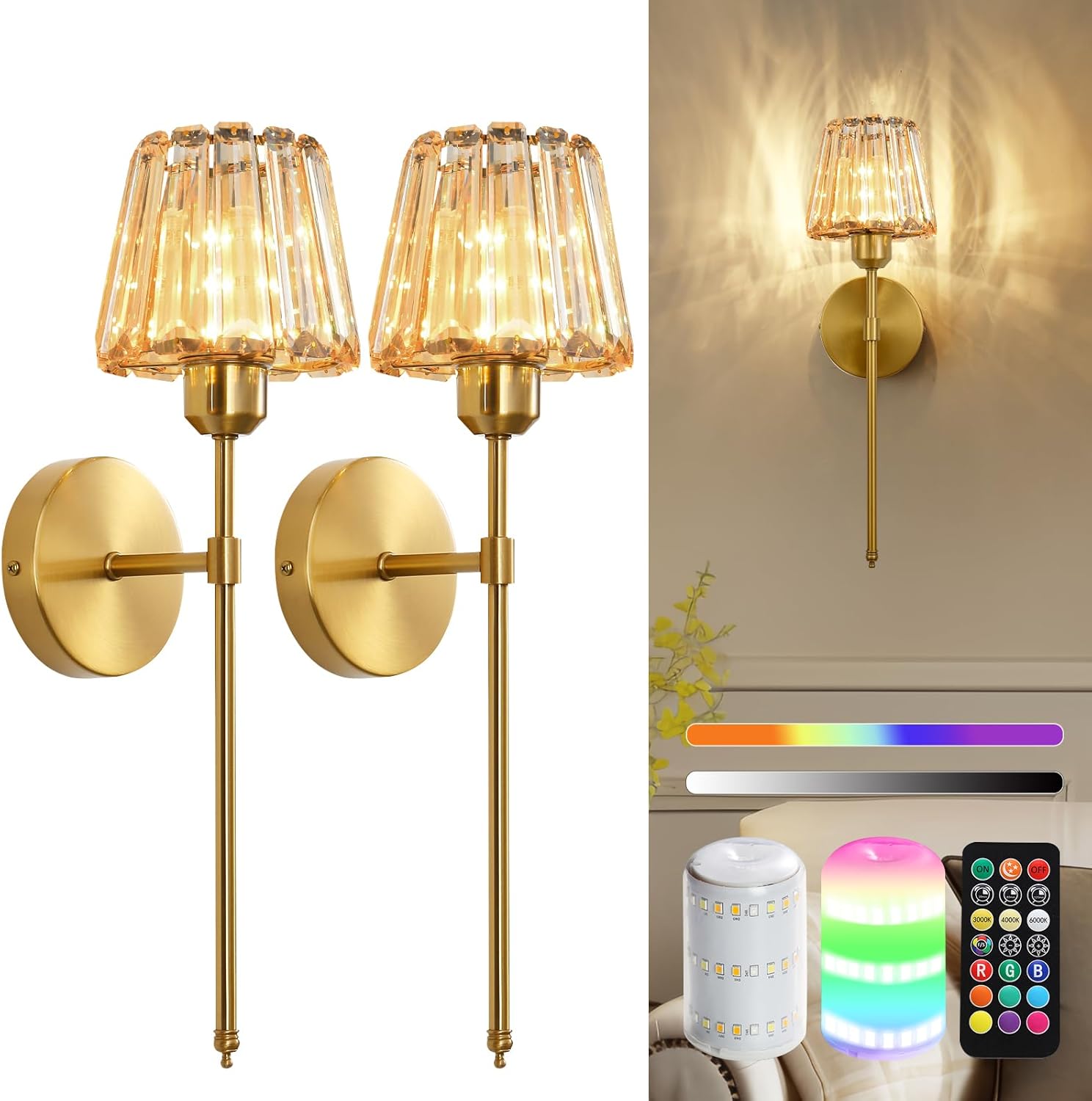 Battery Operated Crystal Wall Sconce Set of 2, Amber Rechargeable Wireless Wall Sconces with Remote Dimmable 12 Colors Modes Led Wall Lights for Bedroom Living Room Hallway, 2 Bulbs Included