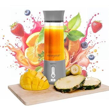 Amazon Basics Portable Hand Blender for Smoothies and Juices | USB Rechargeable | 6 Stainless Steel Blades | 500 ml Food Grade Jar | 1 year Warranty | 2x2000 mAh Batteries (Grey)