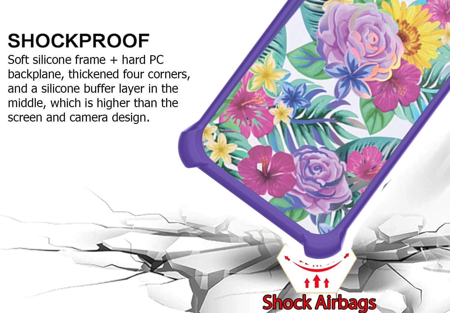 Close-up of the phone case corner showing 'Shock Airbags' for impact protection