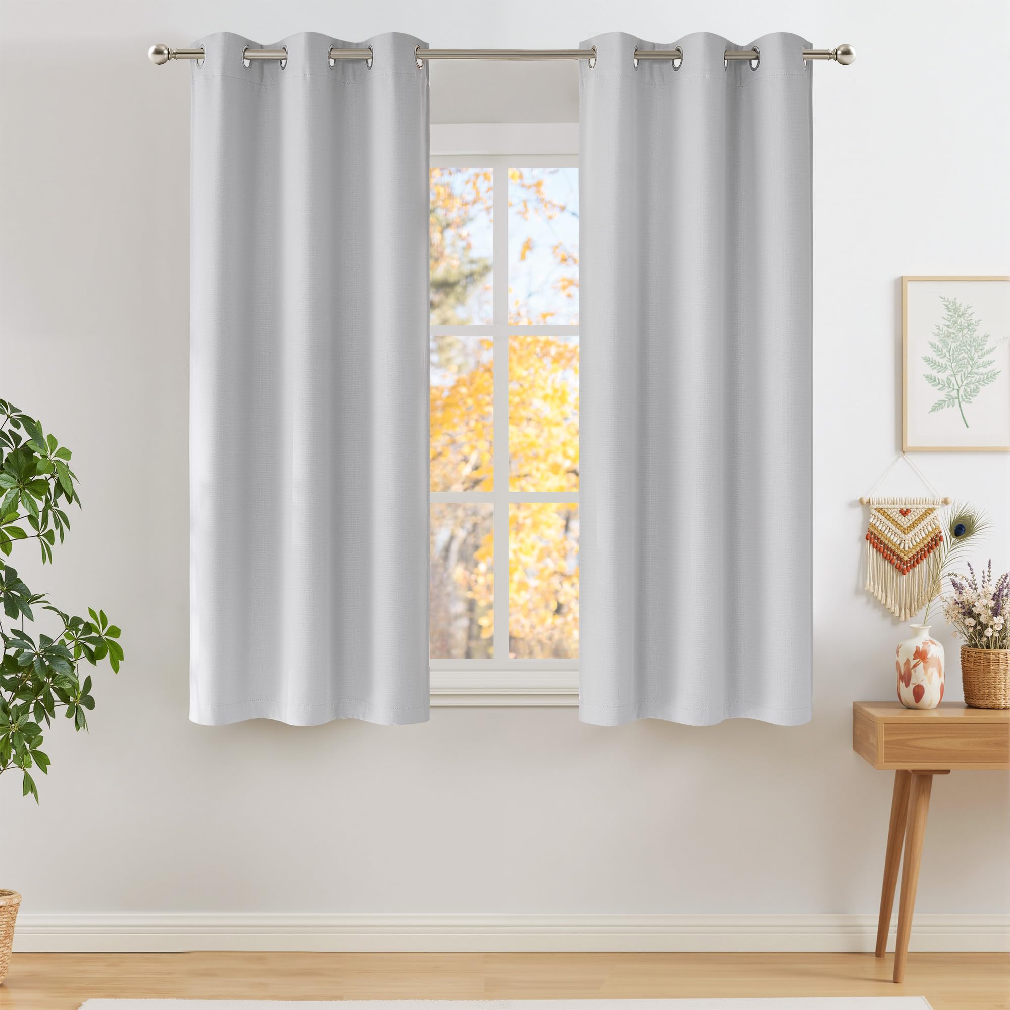 NICETOWN Short Faux Linen Greyish White Blackout Curtains 63 inches Long for Kitchen - Privacy Panels for Living Room Bedroom, Modern Farmhouse Style Easy Care Grommet Top, 2 Panels, W42 by L63