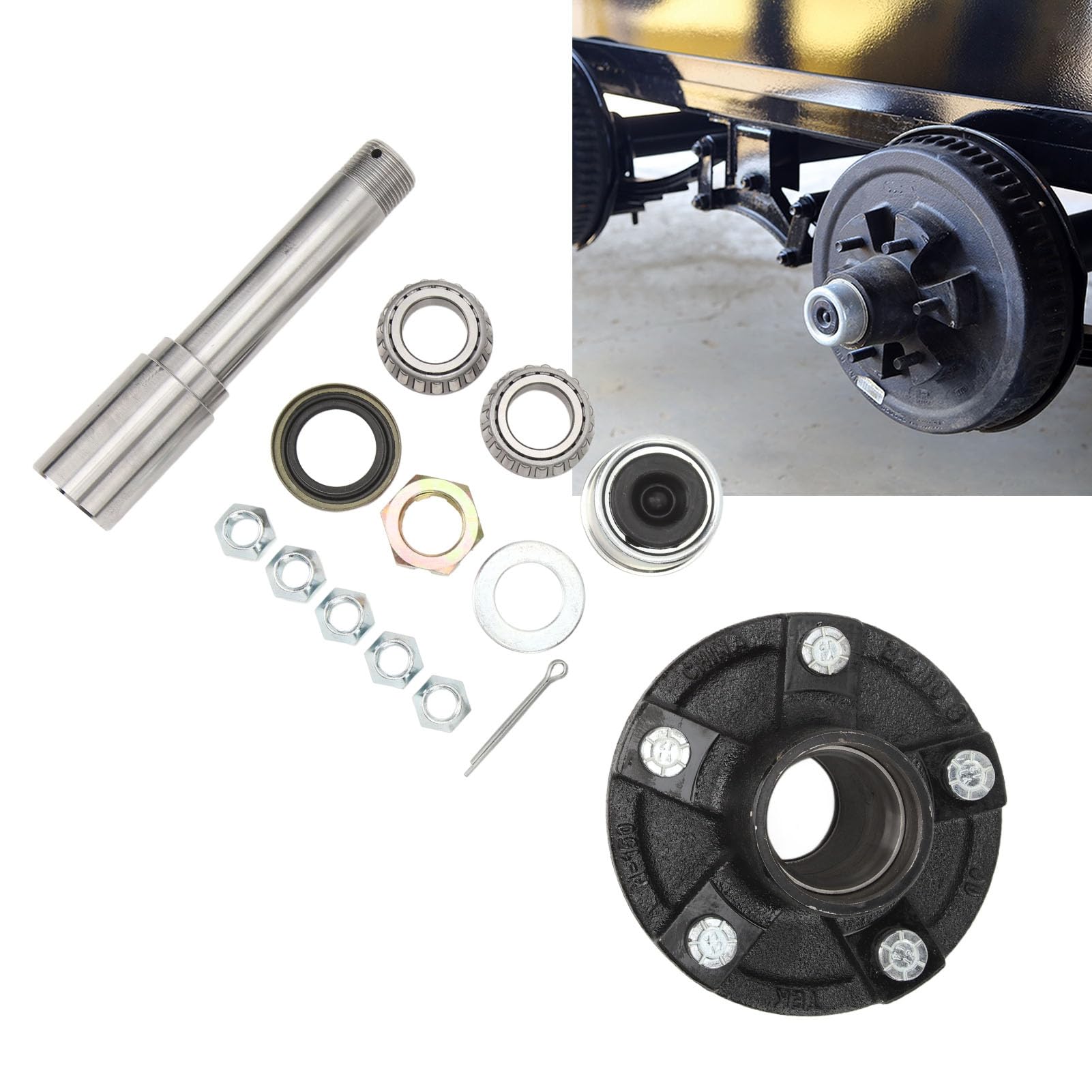 Greensen Achsspindel Anhängernaben-Kit Metall 2000 Lbs 1 Zoll Rund BT8 Spindel 5 Bolzen 4,5 Zoll Leerlaufnabe für Frachtbootanhänger Stabiles Abschleppen Einfache Installation