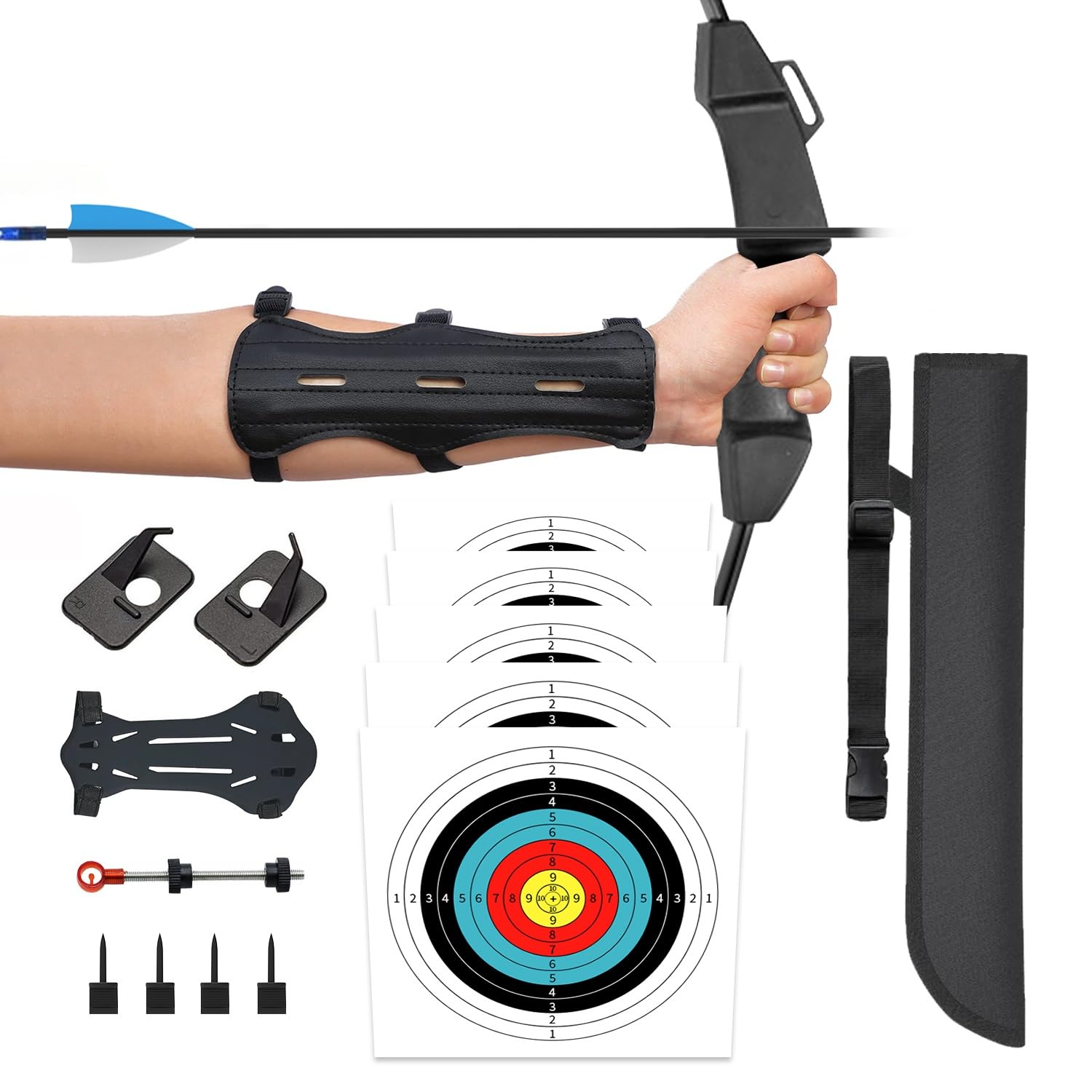 SNOOE Archery Accessories Including 5PCS Target Papers, 2 Arrow Rest, 4 Target Pins, Arm Guard, Arrow Quiver for Youth Adults Beginners Outdoor Sports