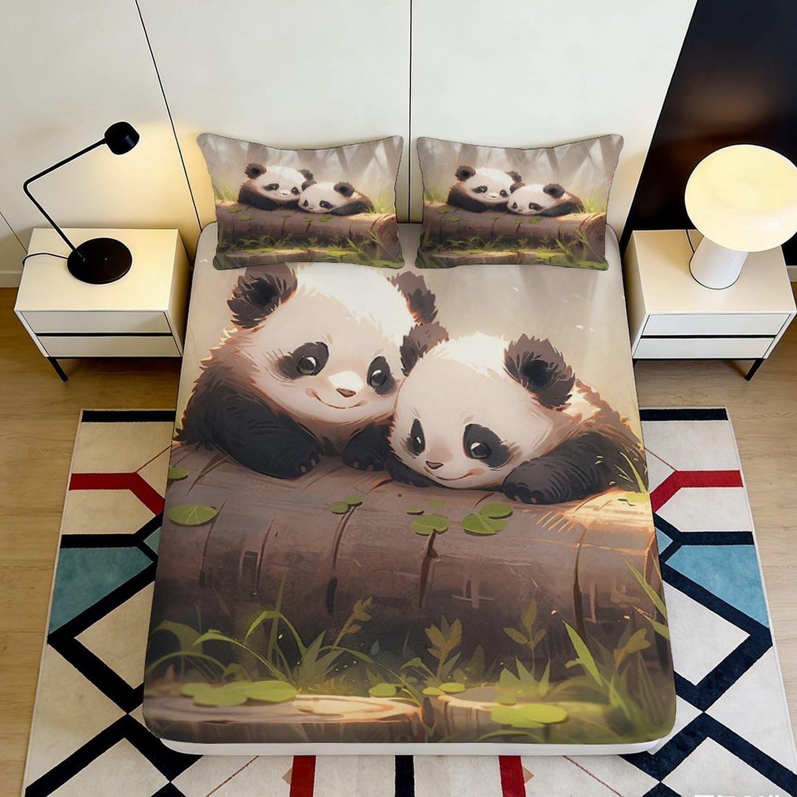 3D Printed Panda Forest Fitted Sheet Microfiber Soft Breathable Bamboo Bed Cover for Bedroom Guest Room Decor 90x200x25cm