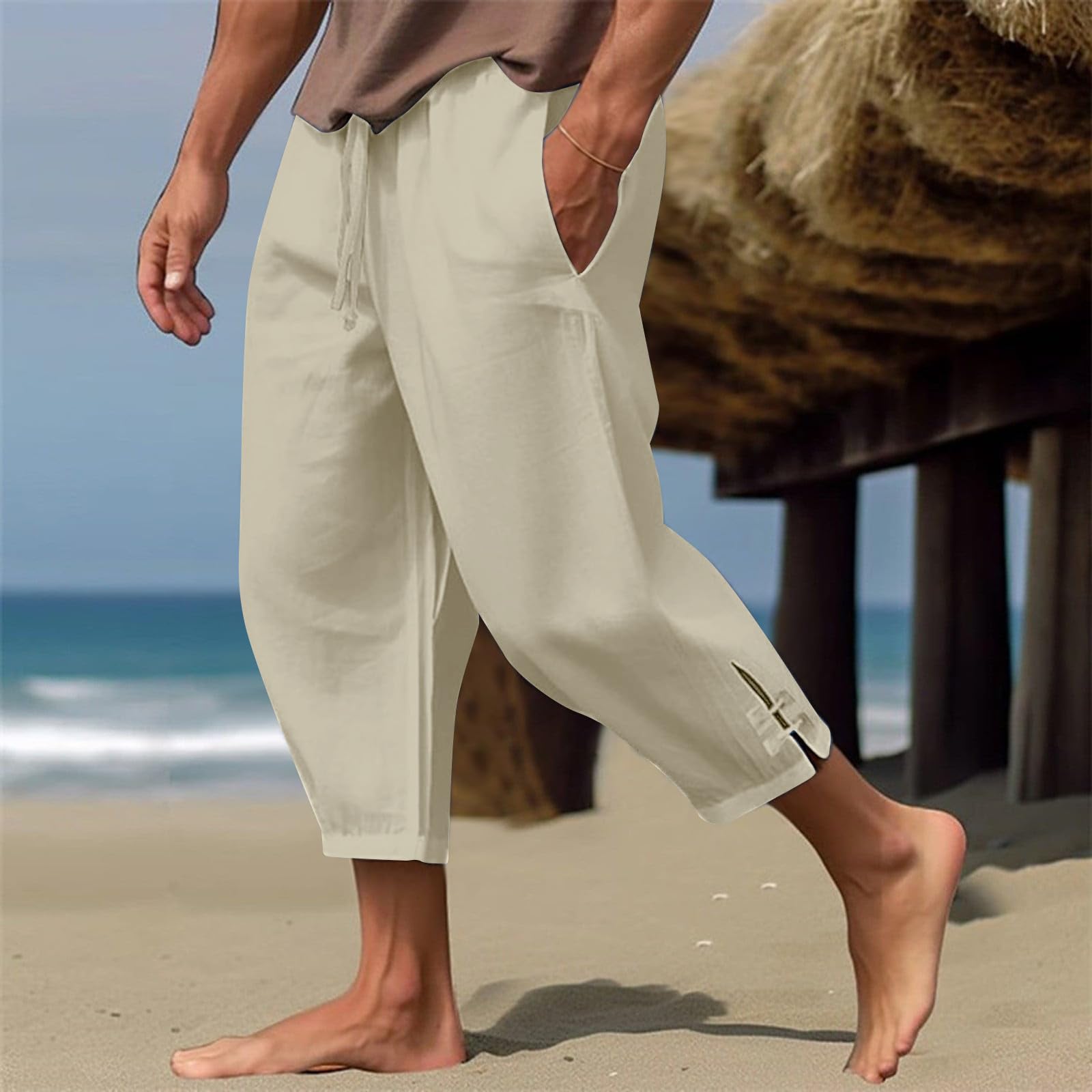 Khaki Plus Size Cropped Pants Men Casual Elastic Waist Drawstring Pants Linen Crop Pant with Pockets Loose Ankle Linen Trousers Travel Beach Boho Summer Pant Capri Yoga Trousers Hippie Harem Outfits
