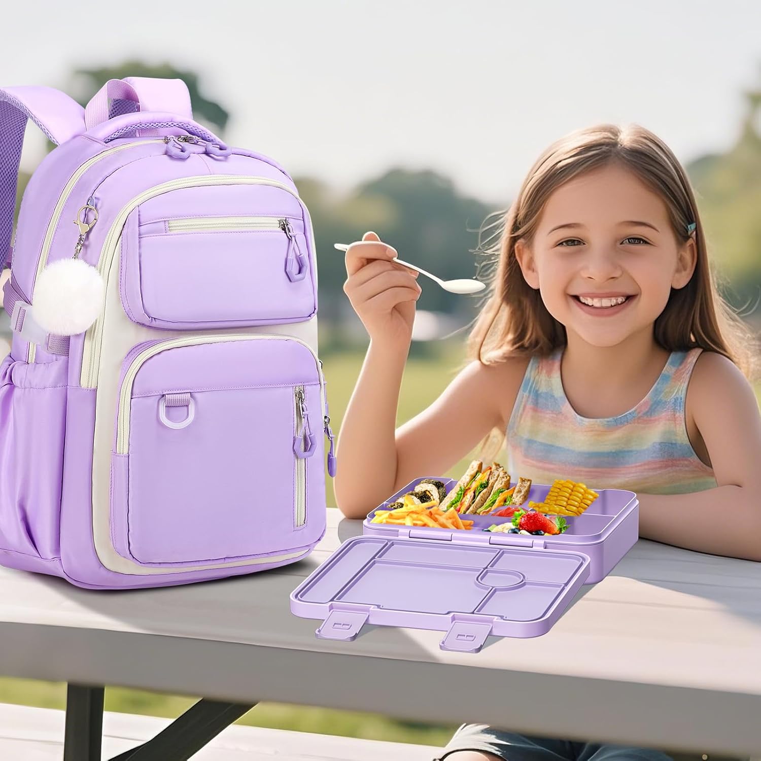 Bevalsa School Backpack for Girls, Bookpack with Bento Lunch Box, Insulated Bag & Utensils, 43oz Lunch Containers with 6 Compartment Schoolbag Set for Kids Elementary Middle Student (Purple)