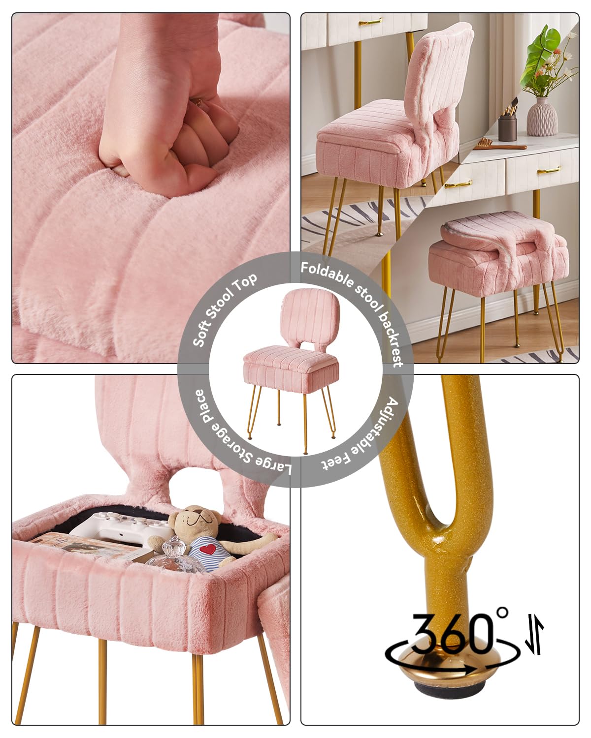 IBUYKE sedia da vanità rettangolare con stoccaggio, piccola sedia da trucco pieghevole, 42 * 31 * 72 cm, sgabello ottomano in velluto carino per il soggiorno, con piedi antiscivolo, rosa WBD030P