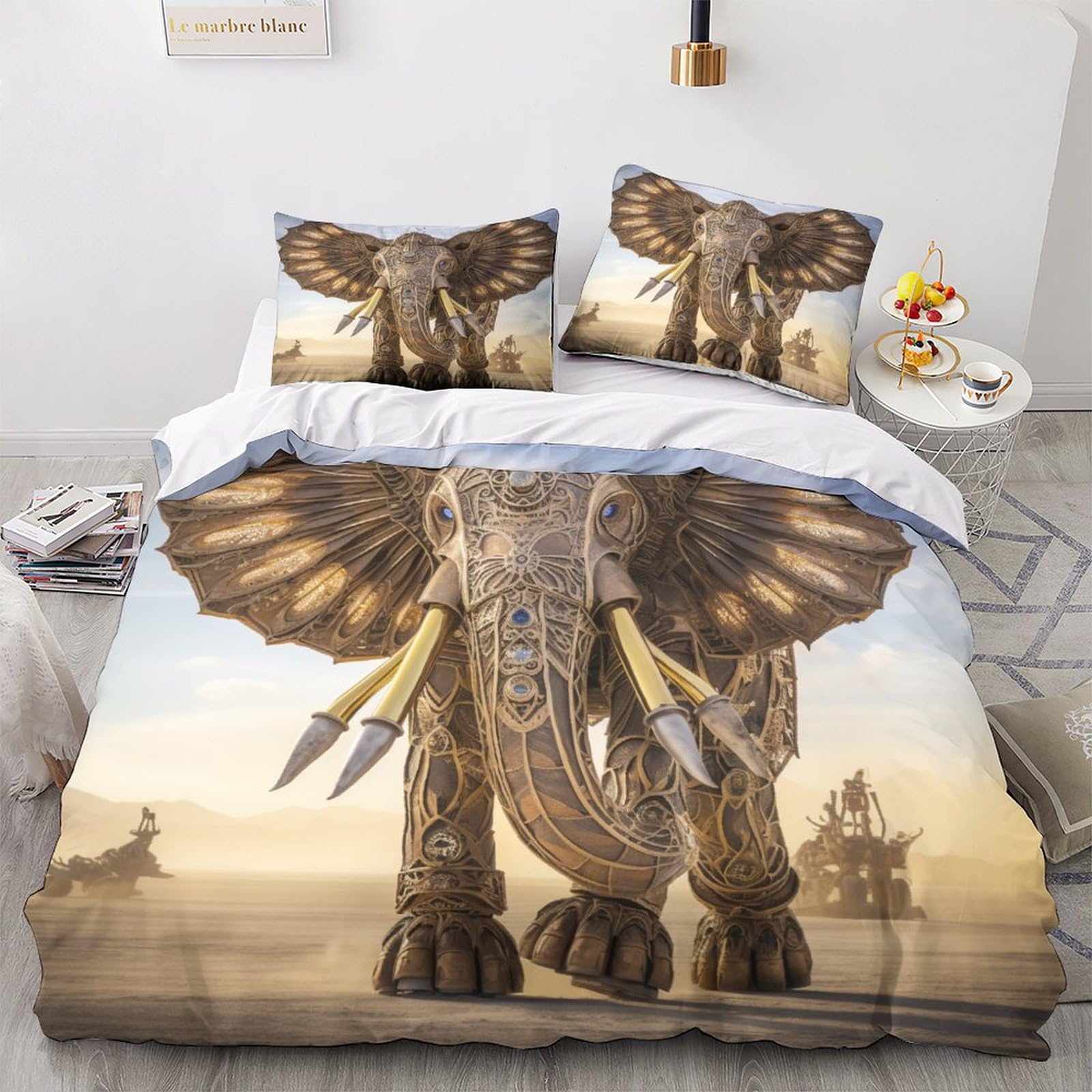 GEEYOU Elephant Warmth to Sleep Duvet Cover Set Hidden Zipper African Elephant Quilt Cover Set with Pillowcases Bedding Set Soft Microfiber Comforter Cover Various Sizes Double（200x200cm）
