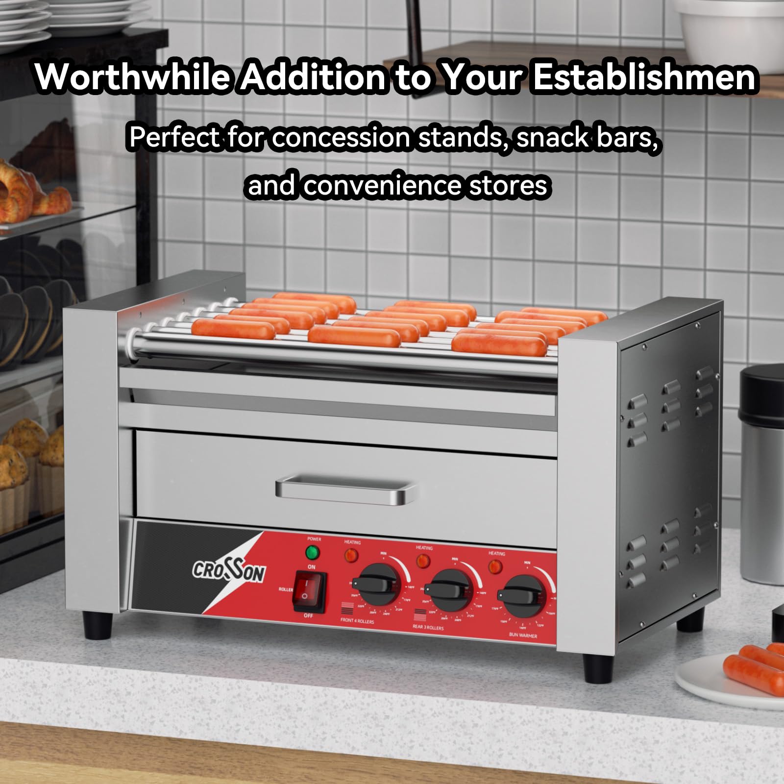 CROSSON Macchina Hot Dog Professionale 2 in 1,Rullo Elettrico per Hot Dog in Acciaio Inox 1350W con 7 Rulli,con Scalda Pane,Controllo Dual Temp