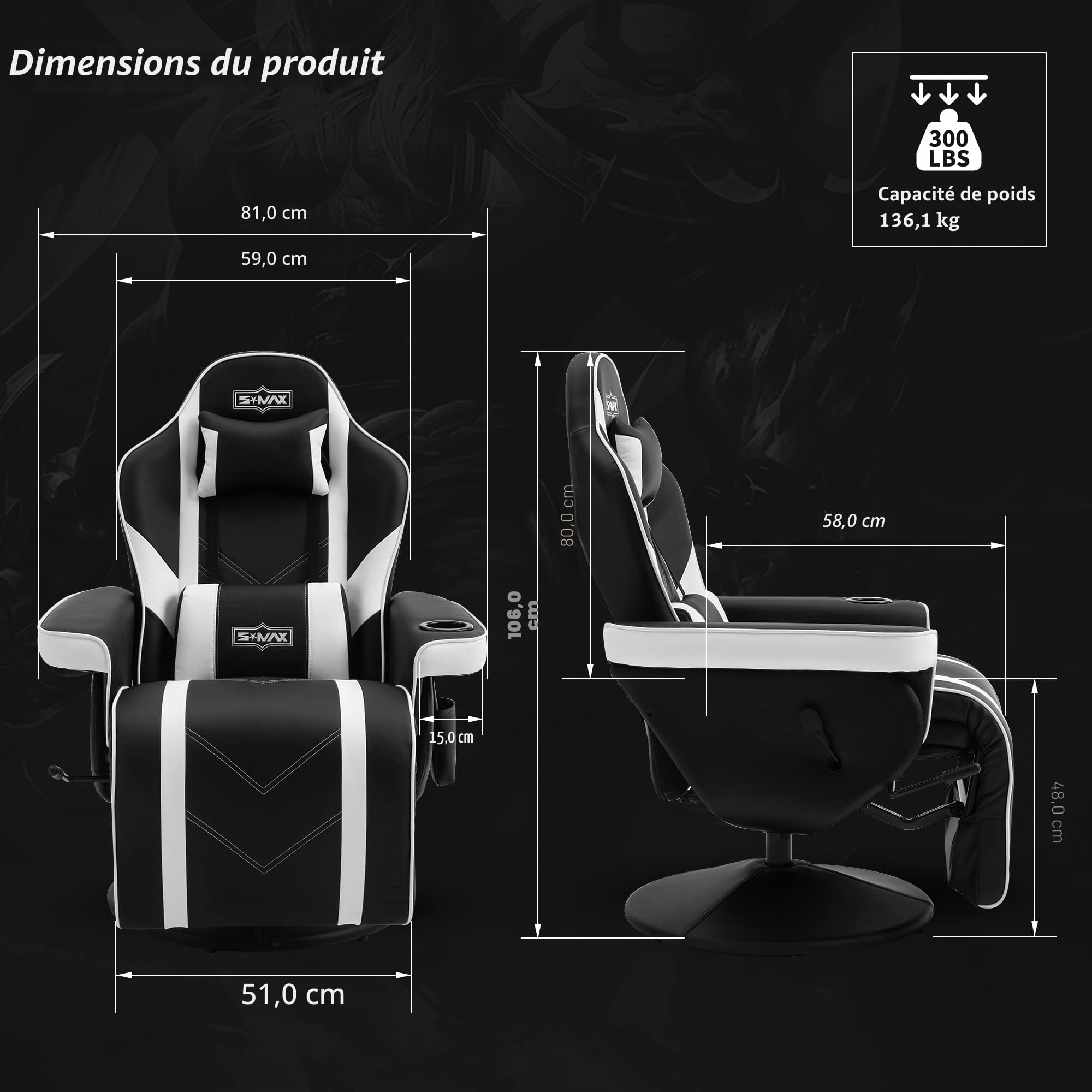 S*MAX Chaise Gaming avec Dossier Plus Haut et Support Lombaire Plus Large Chaise Gamer en Cuir PU avec Dossier et Repose-Pieds réglables Porte-gobelet Fauteuil Gaming Blanc Large