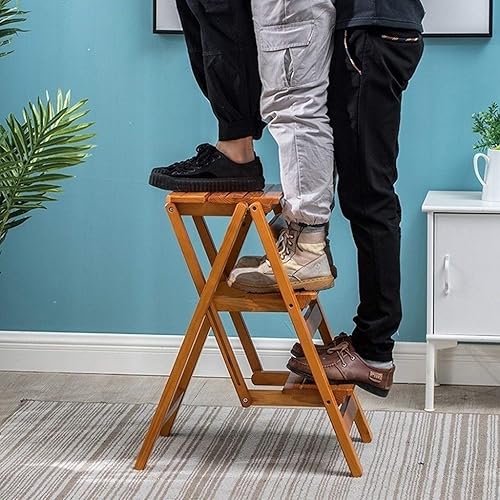 Miniatura 4 de Taburete de madera con 3 peldaños antideslizantes para adultos y niños en interiores con escalera plegable de madera, ideal para el hogar, cocina,