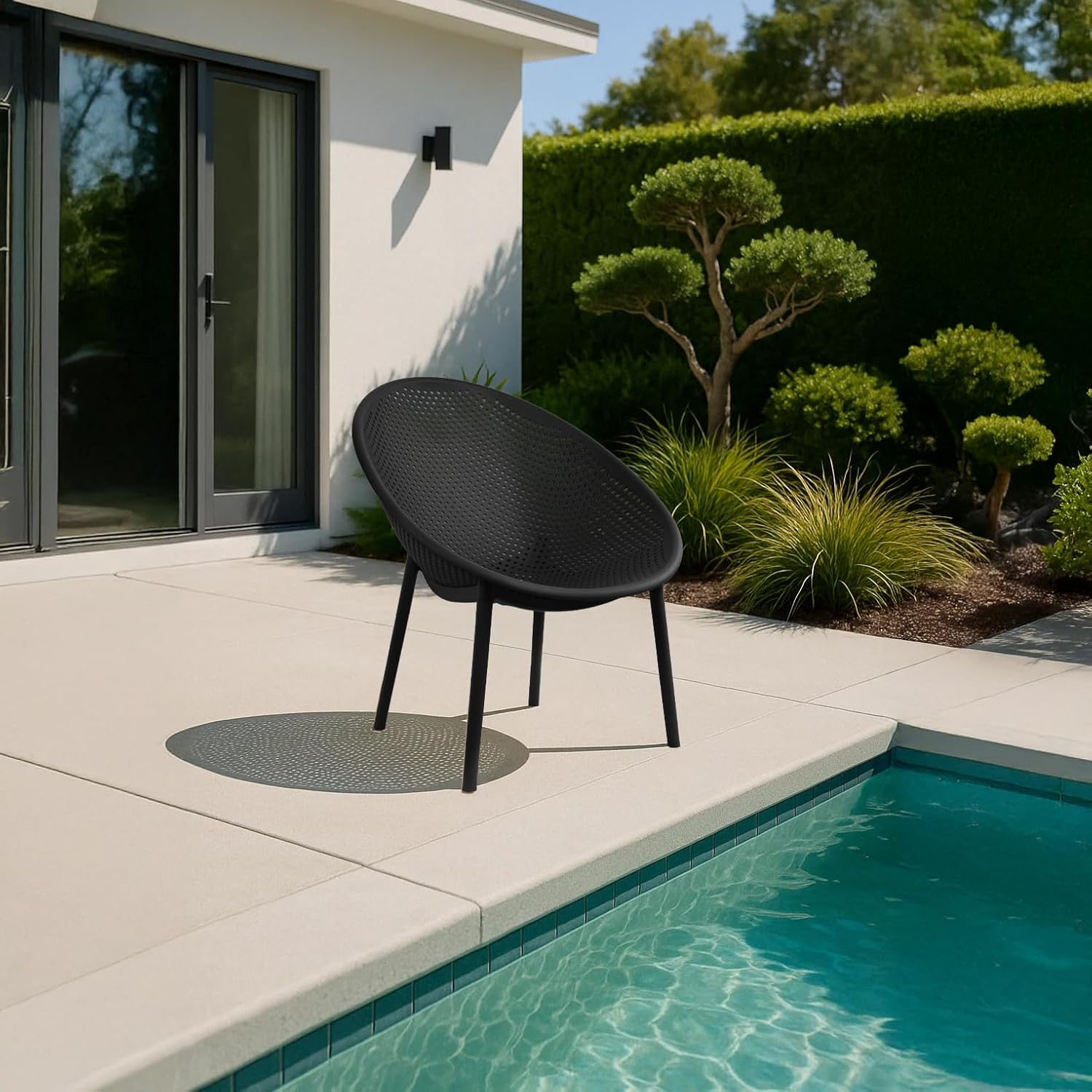 2xhome Set of 2 Modern Oval Chairs, Contemporary Accent Lounge Chairs with Perforated Breathable Egg Shaped Pod Seat for Kitchen, Dining, Patio, Indoor Outdoor, Black