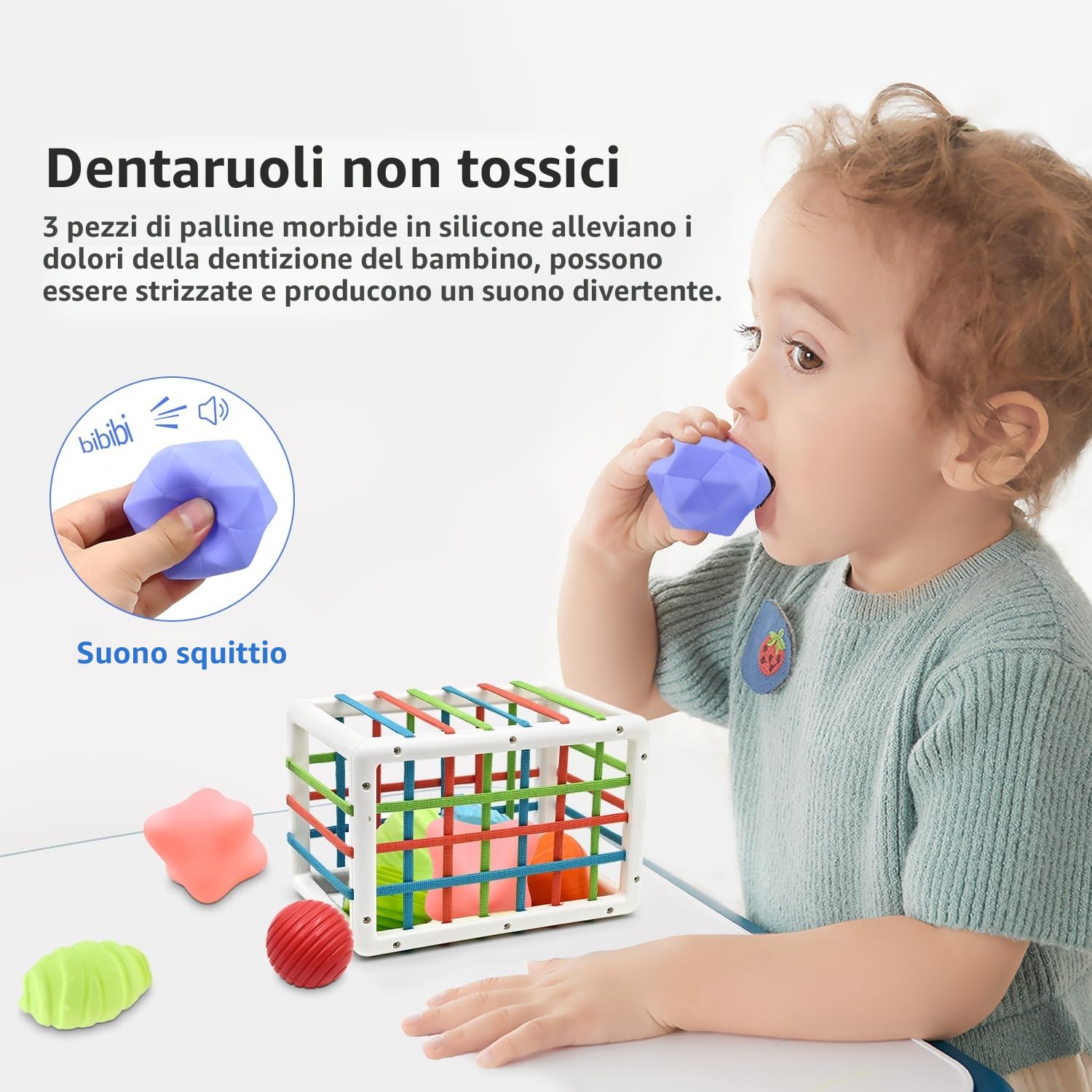 Giocattolo per Selezionare le Forme per 12 18 24 Mesi Bambino, Casella di Smistamento Sensoriale con Elastici Montessori Educativi Precoci Giocattoli con 3 Palle Sensoriali 6 Pezzi Struttura Palle