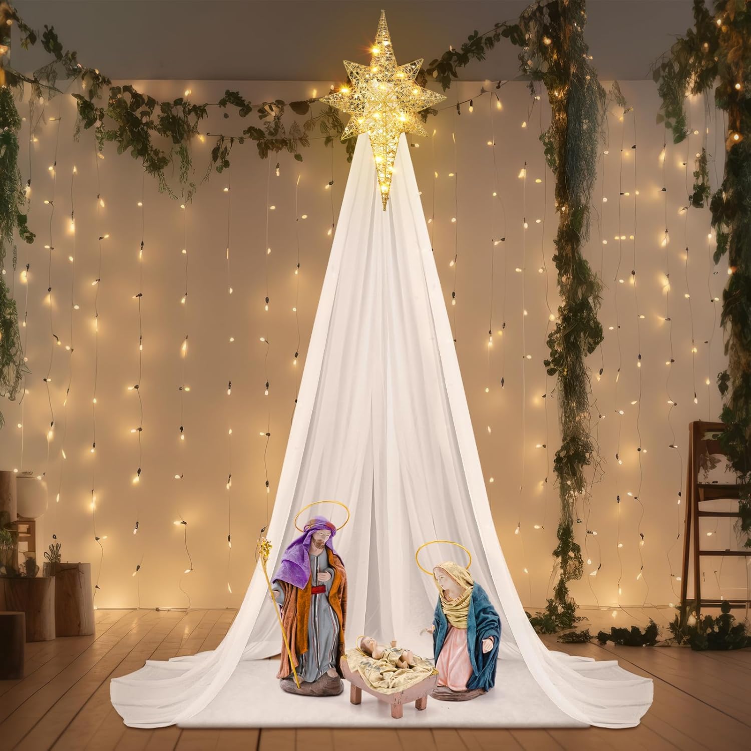 3 Pcs Easter Decorations Nativity Scene with Lighted Bethlehem Star Sets Easter Resurrection Church Decor Religious Jesus The Birth of The Holy Infant Nativity Scene Decor