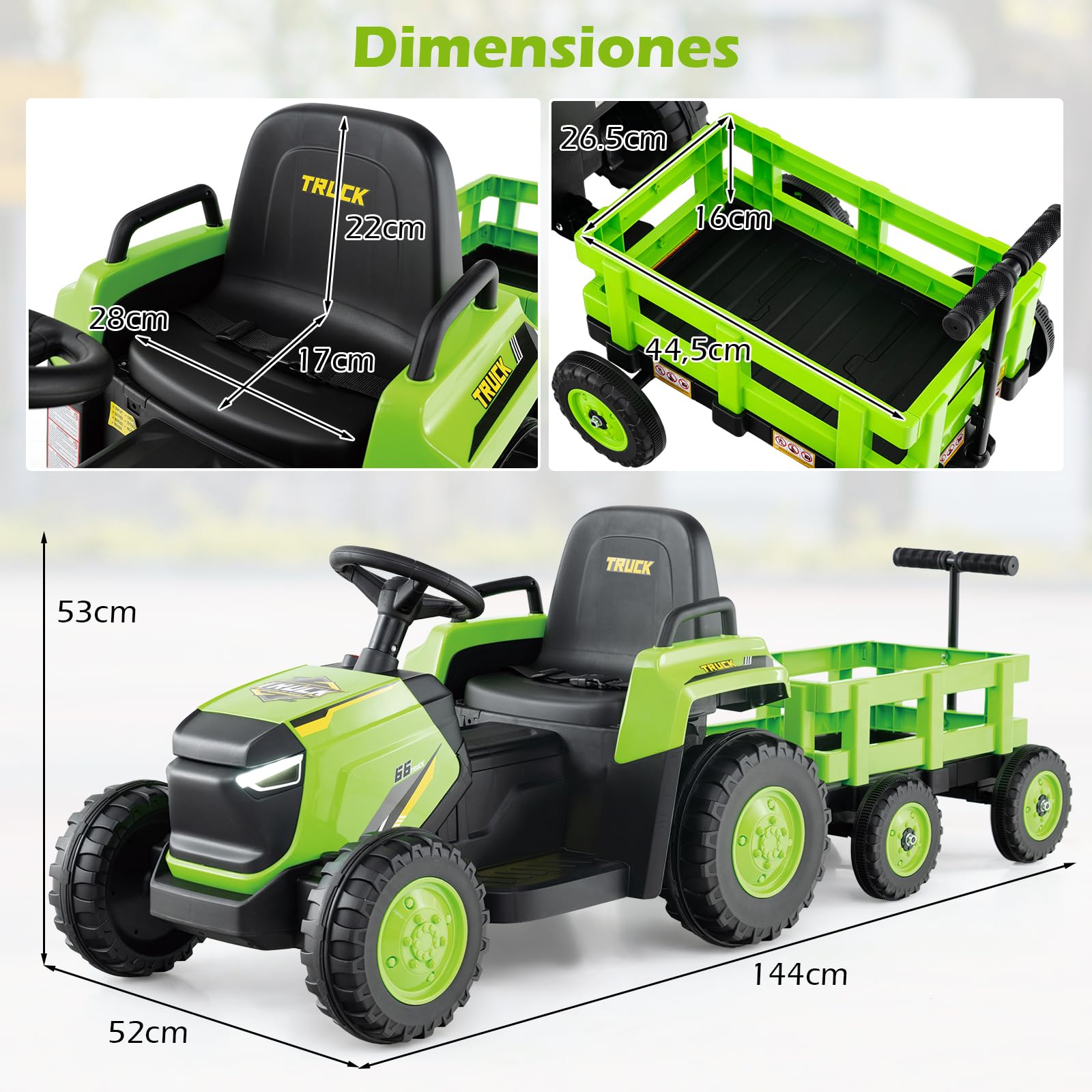 COSTWAY Tractor Eléctrico para Niños 12V, Coche Eléctrico para Niños con Remolque Desmontable, Mando a Distancia, Faros LED y Música, Tractor Juguete a Batería para Niño de 3 a 8 Años (Verde)