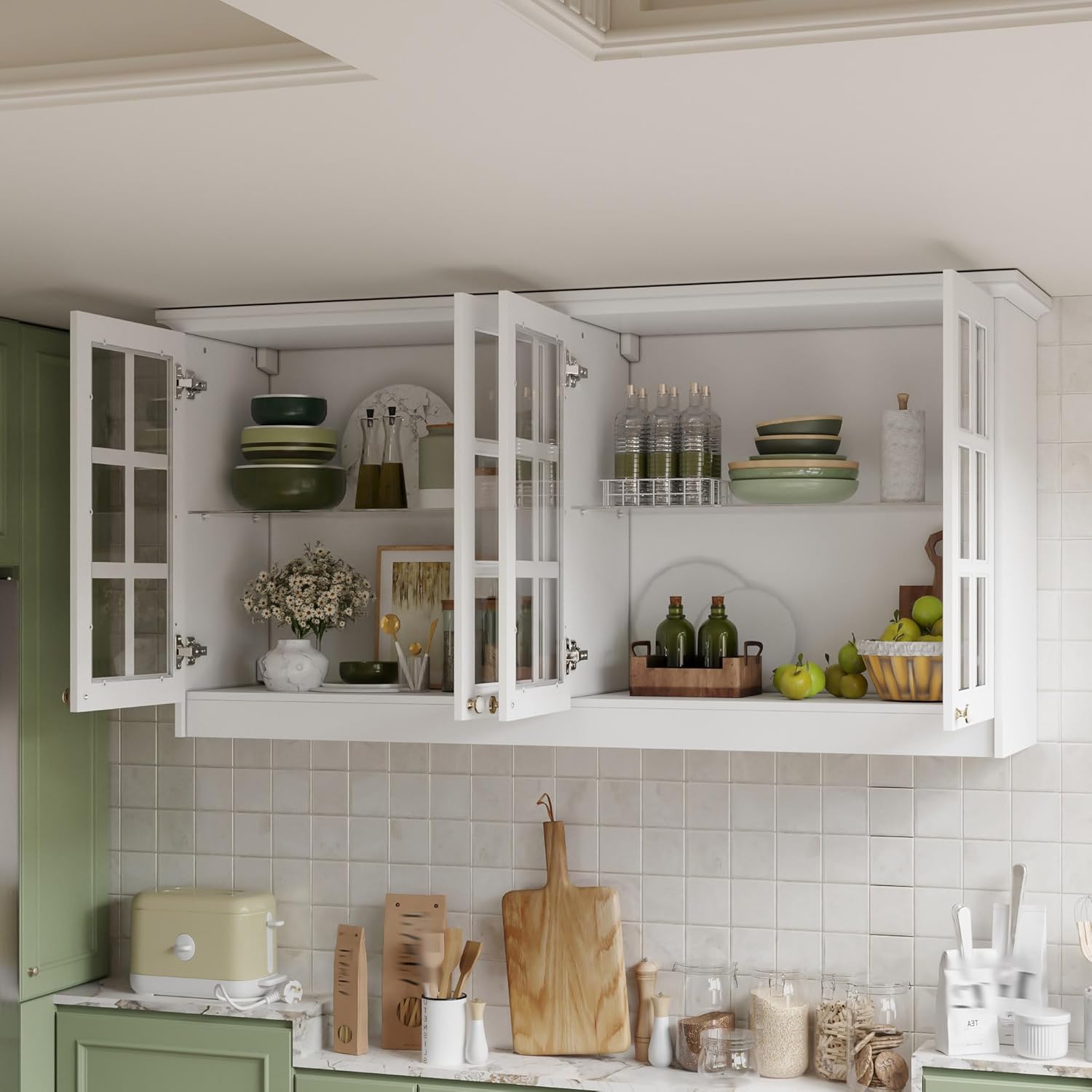 Large Cupboard, Modern Kitchen Food Pantry Storage Cabinet, White Hanging Bathroom Wall Mounted Cabinet Storage with Glass Shelf and Doors for Laundry Room(63.4"x 16.5"x 31.5")