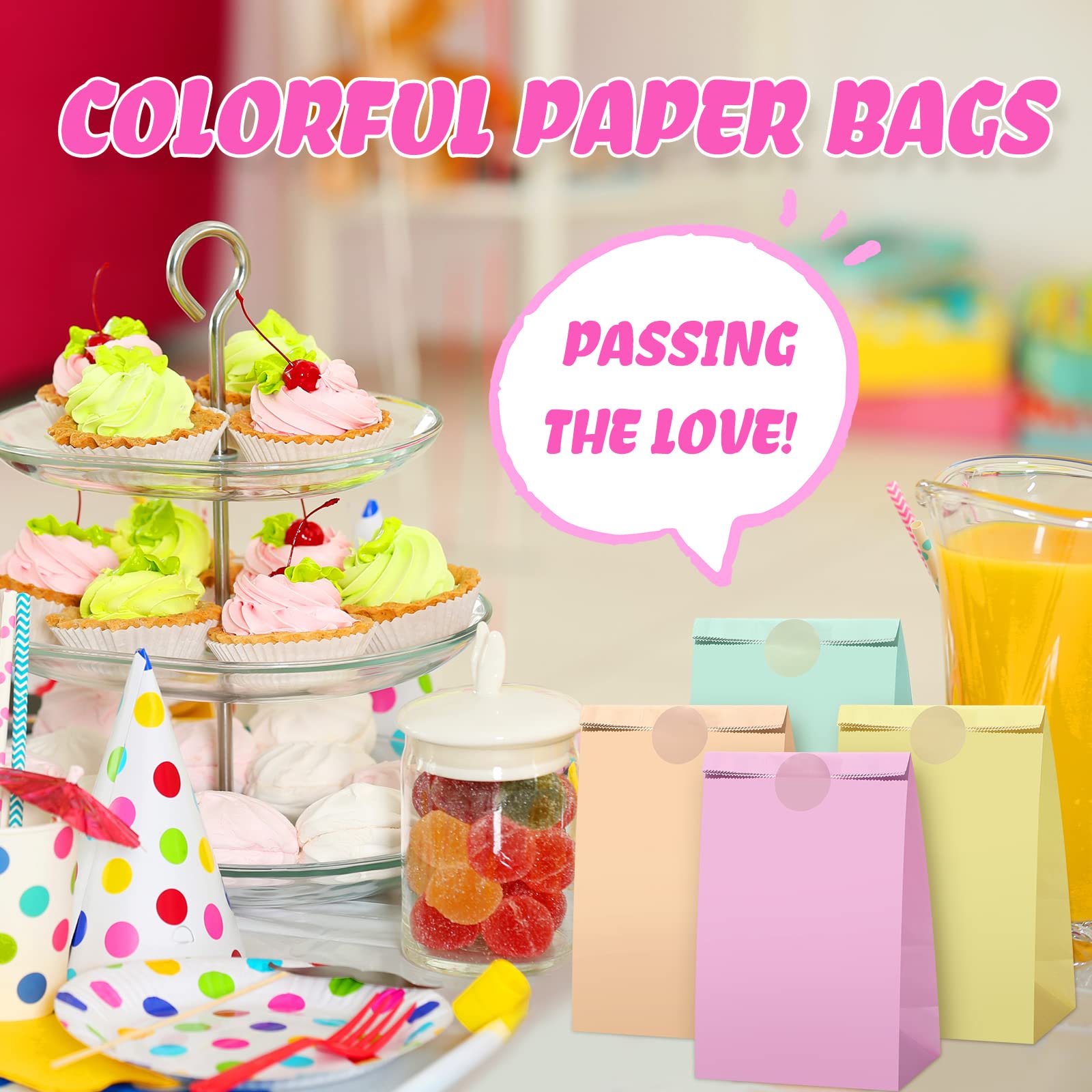 Zhehao 120 Pcs Pastel Gift Bags Candy Paper Bags with Stickers 5.1 x 3.2 x 9.5 Inch Party Favor Pastel Goodie Treat Sweet Craft Treat for Birthday Wedding Anniversary Supply