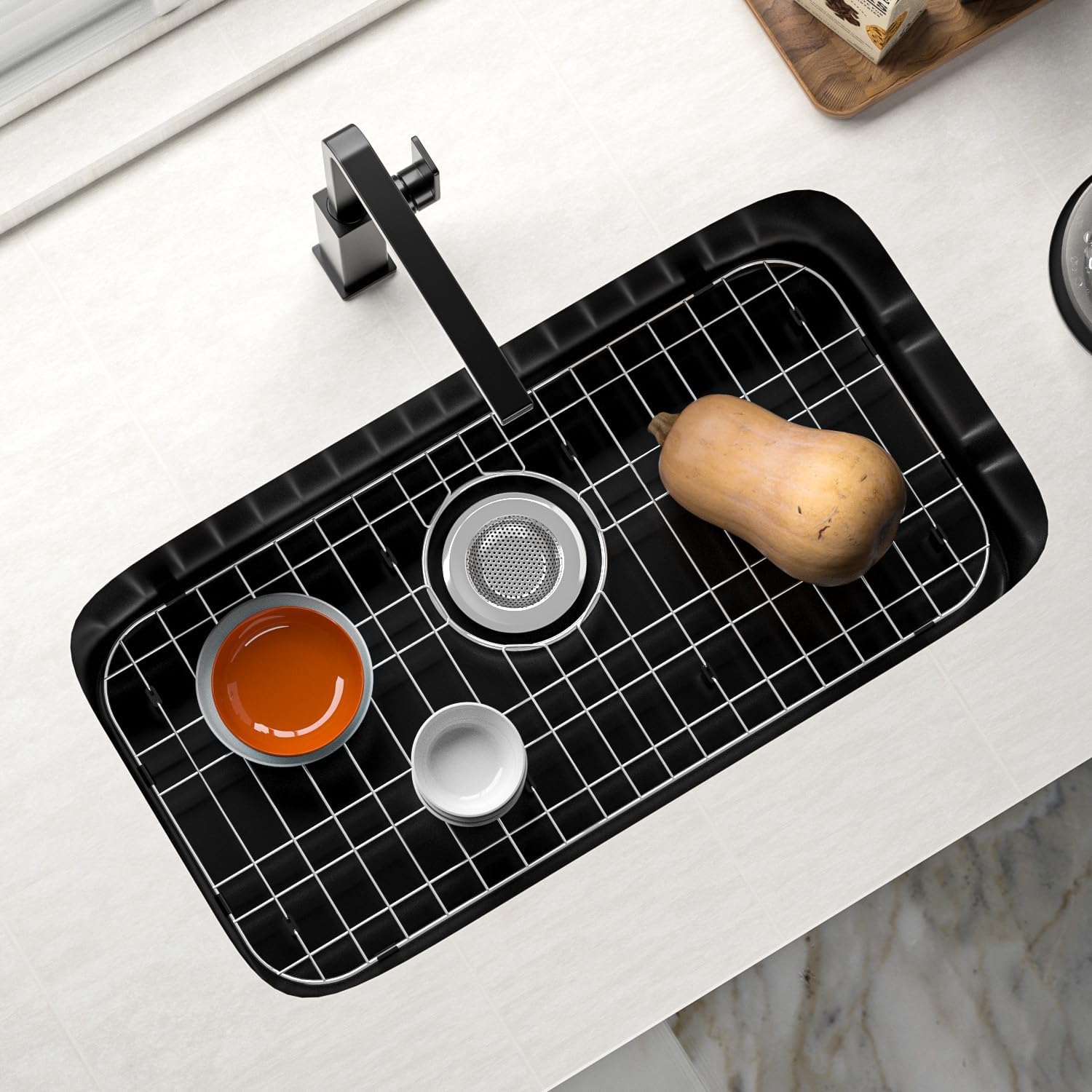 Stainless Steel Sink Grate Protector for Bottom of Kitchen Sink, 23" x 13" Metal Kitchen Sink Grid with Rear Drain, Curve Corner Sink Rack with Sink Strainer for Single Sink Bowl