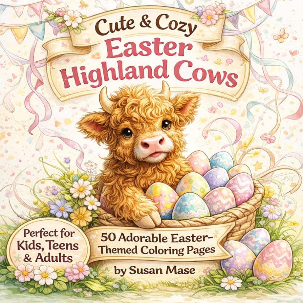 Cute & Cozy Easter Highland Cows: 50 Adorable Easter Themed Coloring Pages