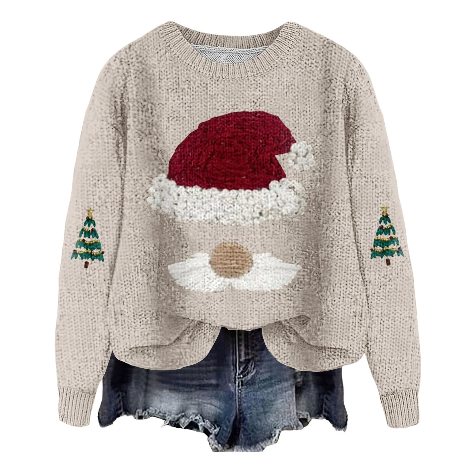 Ugly Christmas Sweater for Women Cute Gnomes Santa Xmas Crewneck Sweatshirts Funny Holiday Long Sleeve Knitted Tops