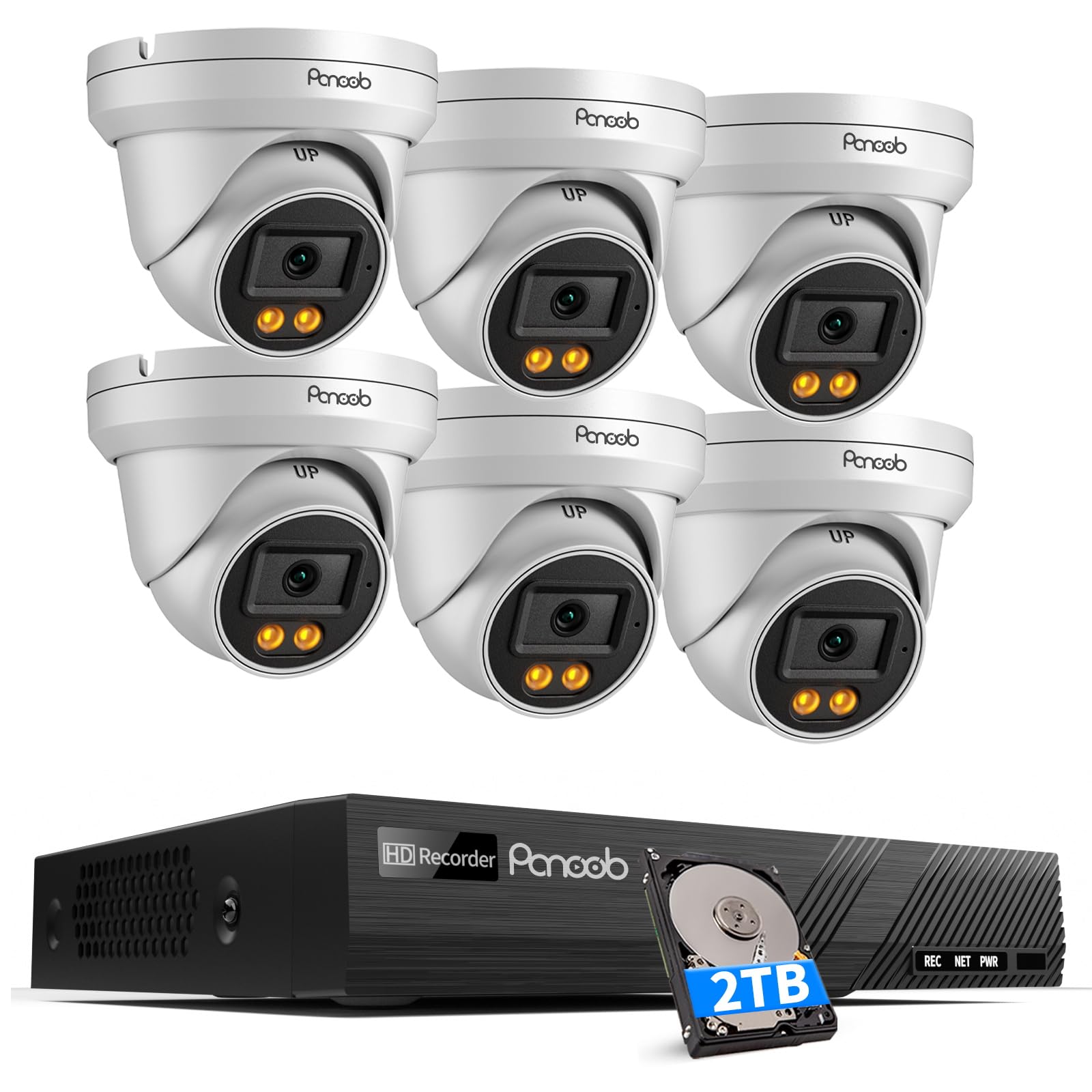 PANOOB 5MP NVR Security Camera System, 6PCS Wired 5MP IP Surveillance Dome Turret Cameras with Person Detection, Smart Dual Lights Color Night Vision,