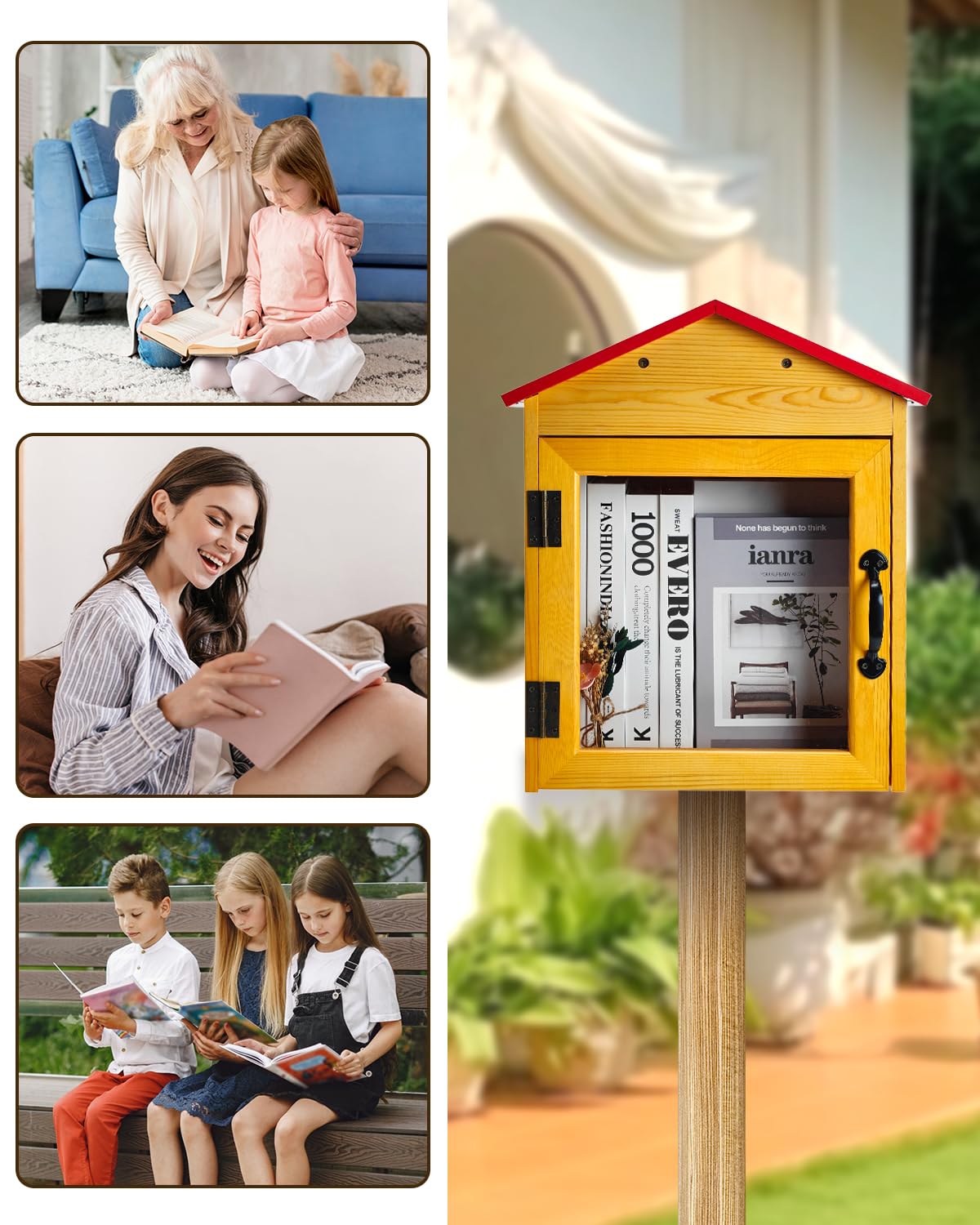 Little Library Box Outdoor - Armadietto in legno con tetto rosso per libri, letteratura e giornali