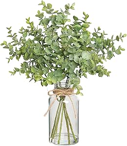 Zheart Fake Eucalyptus Stems in Glass Vase with Faux Water,14" Artificial Plants Eucalyptus Leaves for Shelf Desk Bathroom Farmhouse Room Coffee Table Home Decor (Sage Green)