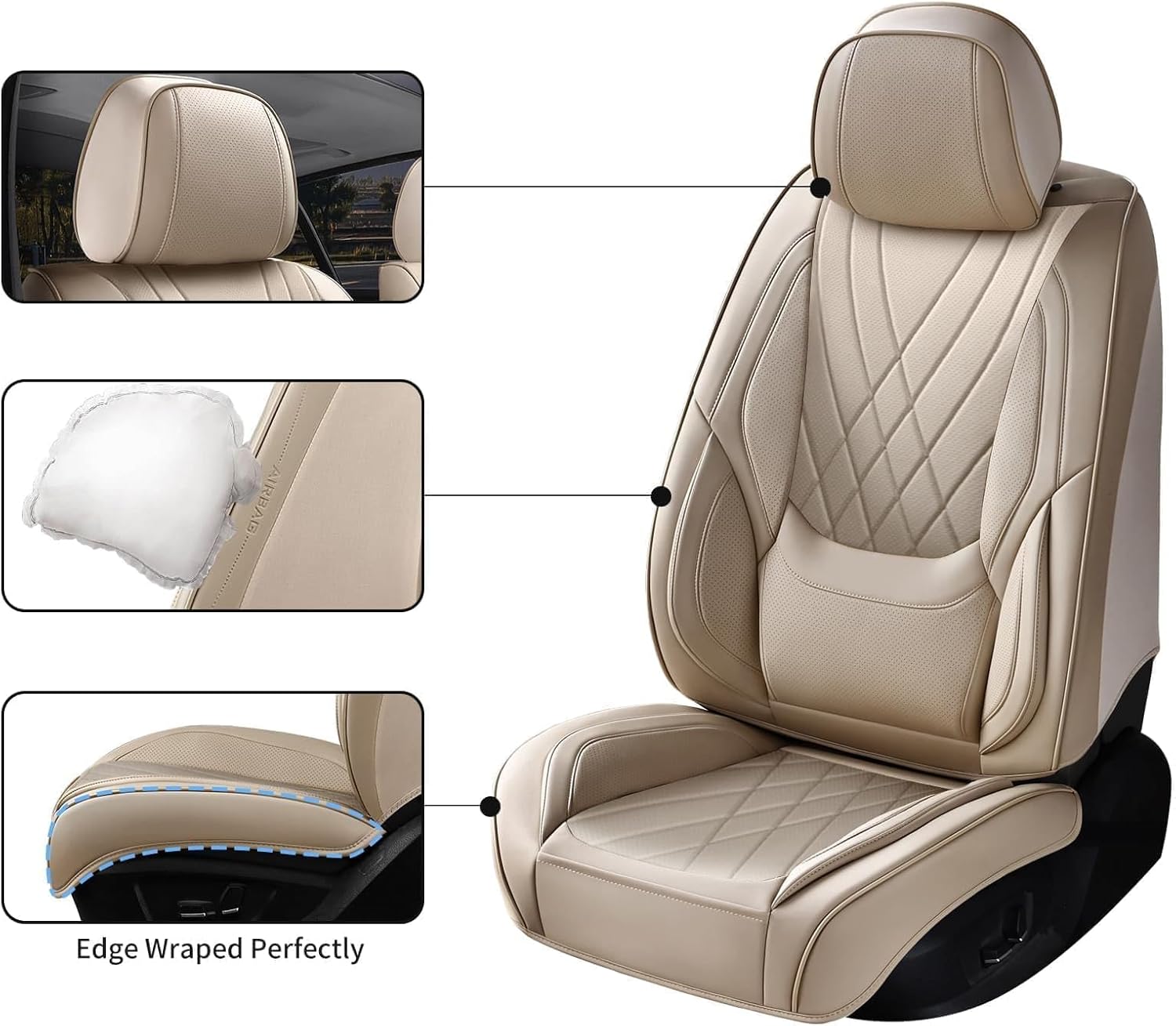 Beige Car Seat Covers Full Set, Luxury Faux Leather Car Seat Covers, Waterproof Non-Slip Seat Protector Universal Fit for Most Cars SUVs Trucks Pick-ups for Front Seats and Back
