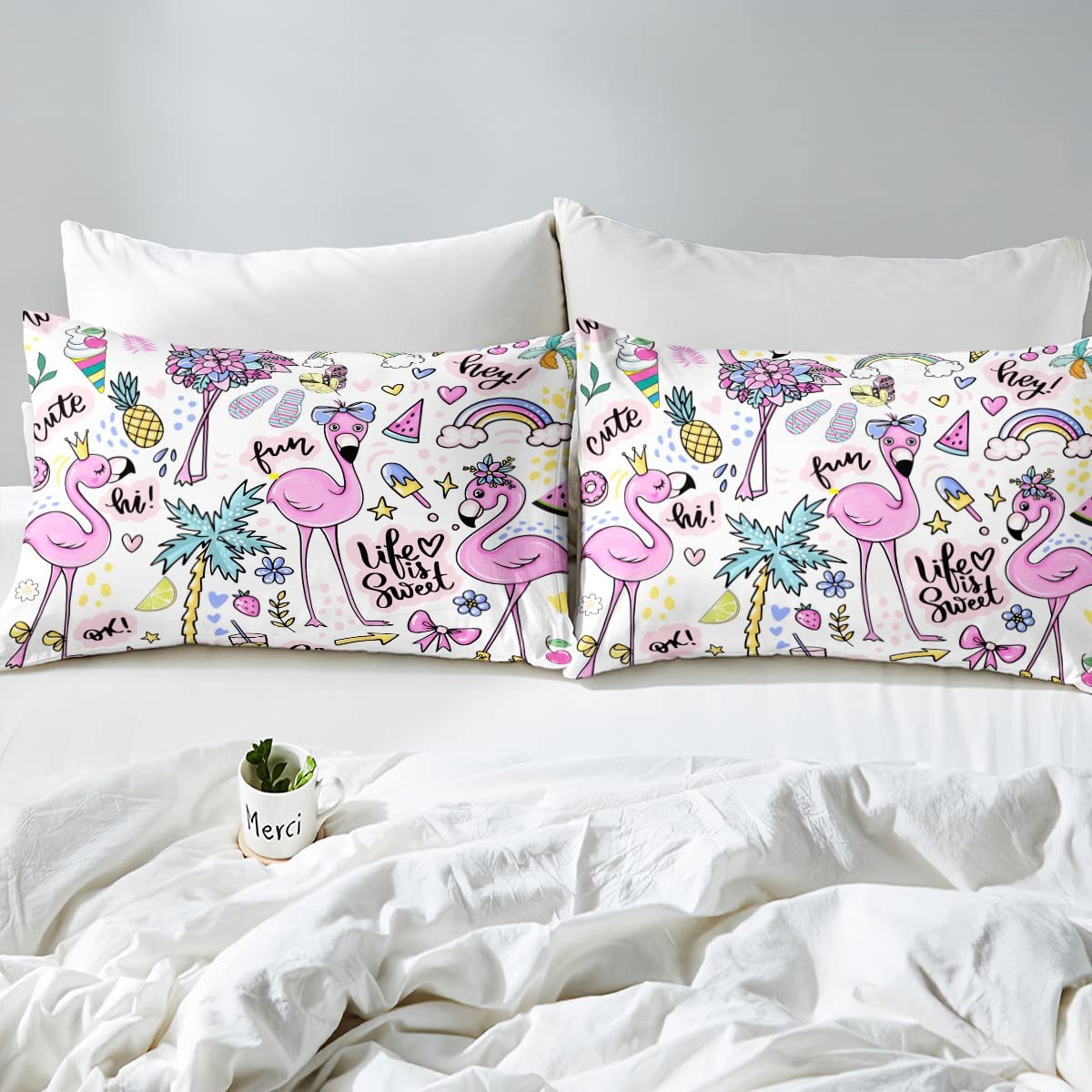 Homewish Rosa Flamingo Bettwäsche für Mädchen Frauen Nette Tier Flamingo Dekor Bettbezug 135x200,Hawaii Urlaub Stil Abdeckung Sommer Tropische Früchte Palmenblätter Romantisches Thema Bettwäsche