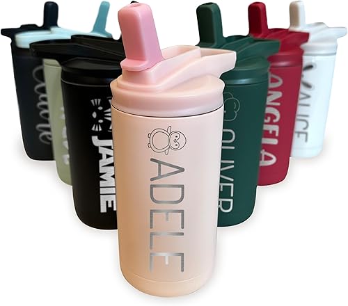 Botella de agua personalizada para niños y niñas, vaso personalizado de acero inoxidable de doble pared de 12 onzas con tapa de popote