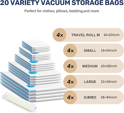 Miniatura 2 de Simple Deluxe Paquete de 20 bolsas ahorradoras de espacio (4 jumbo, 4 grandes, 4 medianas, 4 pequeñas4 rollos M), bolsas de almacenamiento al vacío