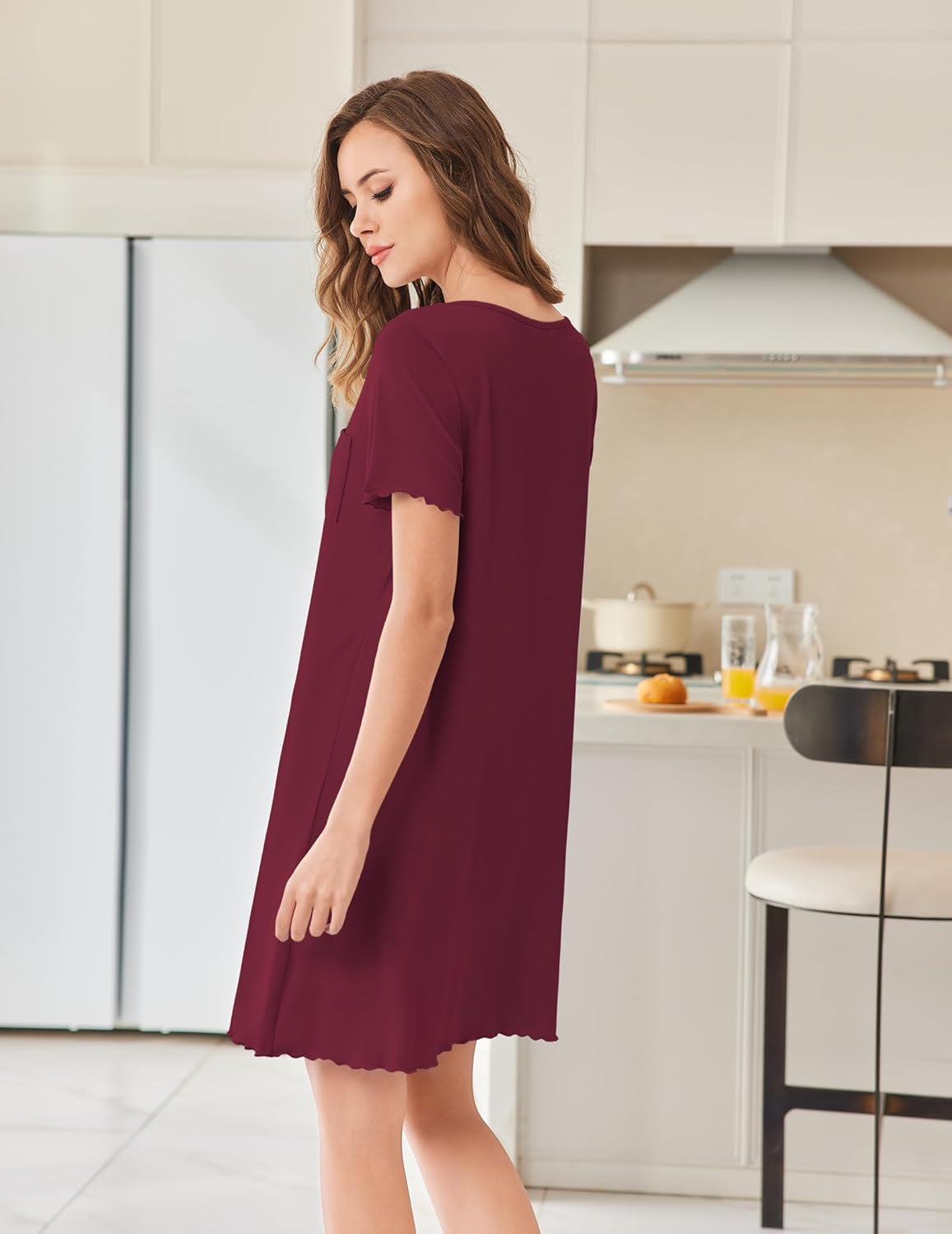 Ekouaer Bamboo Viscose Sleep Shirts for Women Soft Nightgowns Short Sleeve Ruffled Night Shirts with Chest Pocket S-3XL - Image 5