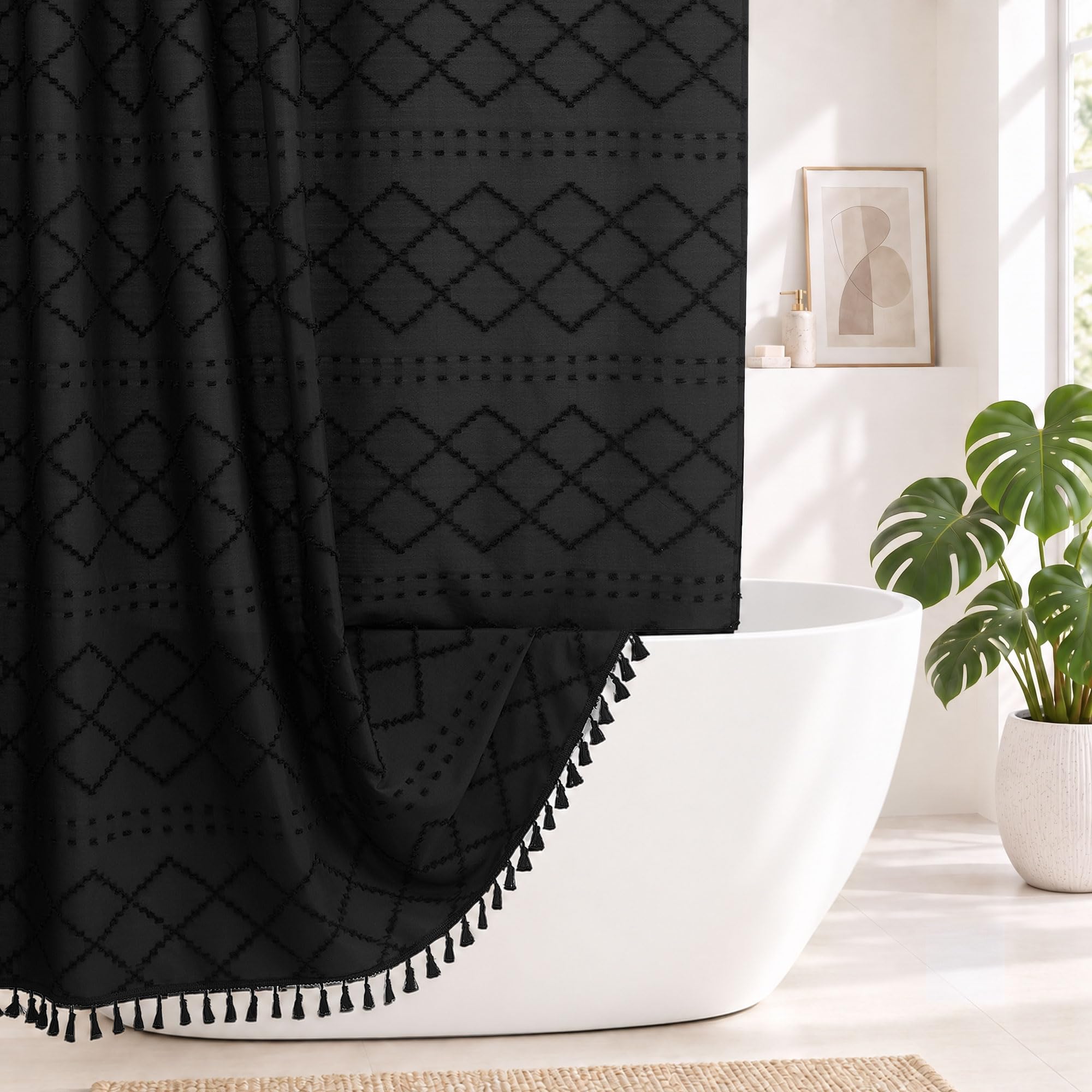 Extra Long Boho Black Shower Curtain with Tassels, 72 x 96, Tufted Chevron Striped Chenille Woven Fabric Cloth Shower Curtain Modern Farmhouse Minimalist, Shabby Chic Textured for Bathroom
