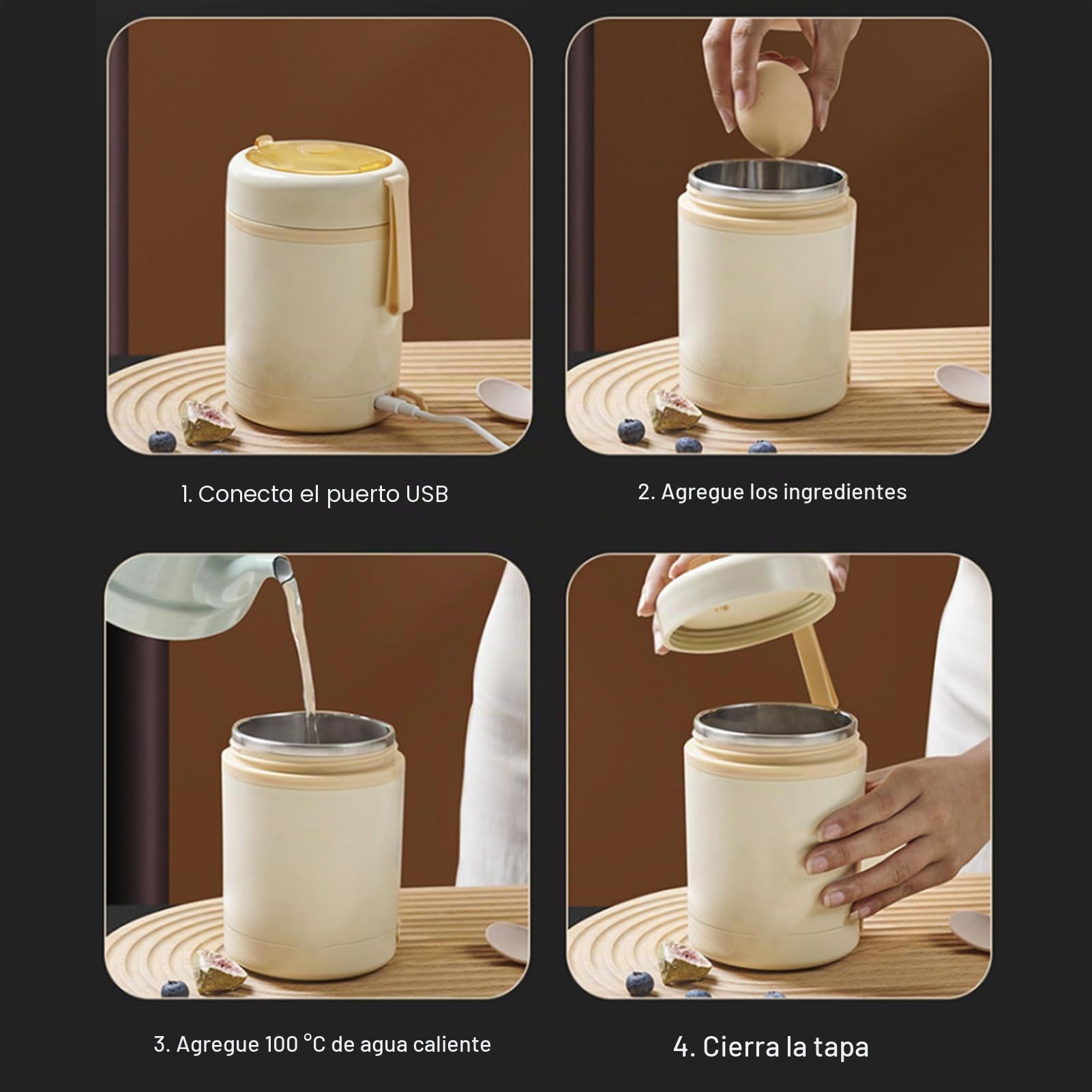 Fiambrera Eléctrica USB, Calentador de Alimentos, Acero Inoxidable 304, Temperatura Constante de 60 ℃, Tarro de Comida Aislado a Prueba de Fugas de 600ml con Cuchara (Beige)