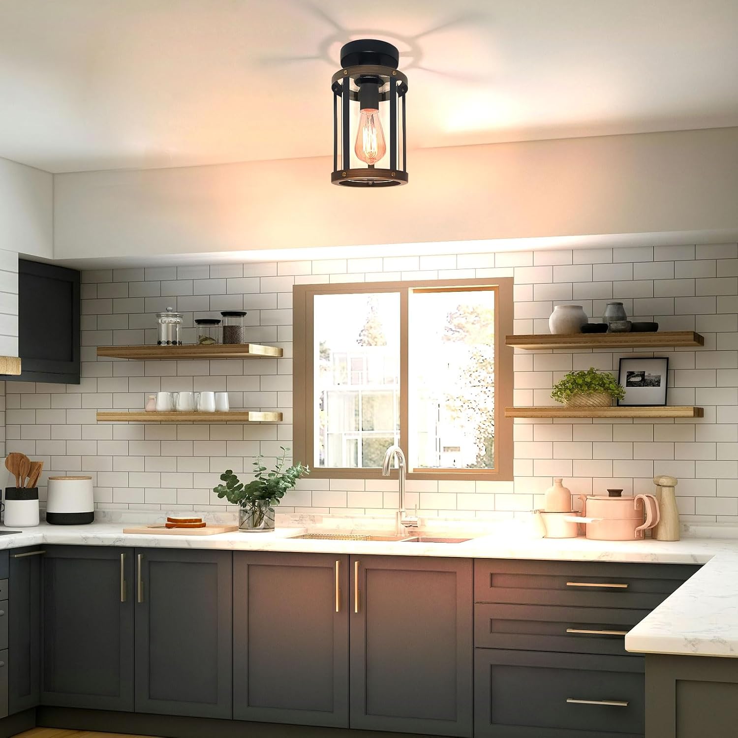 Farmhouse Semi Flush Mount Ceiling Light,Industrial Close to Ceiling Light Fixtures Oil Rubbed Bronze for Kitchen Bedroom Dining Room Living Room,Metal Ceiling Lamp with Glass Shade E26 Bulb