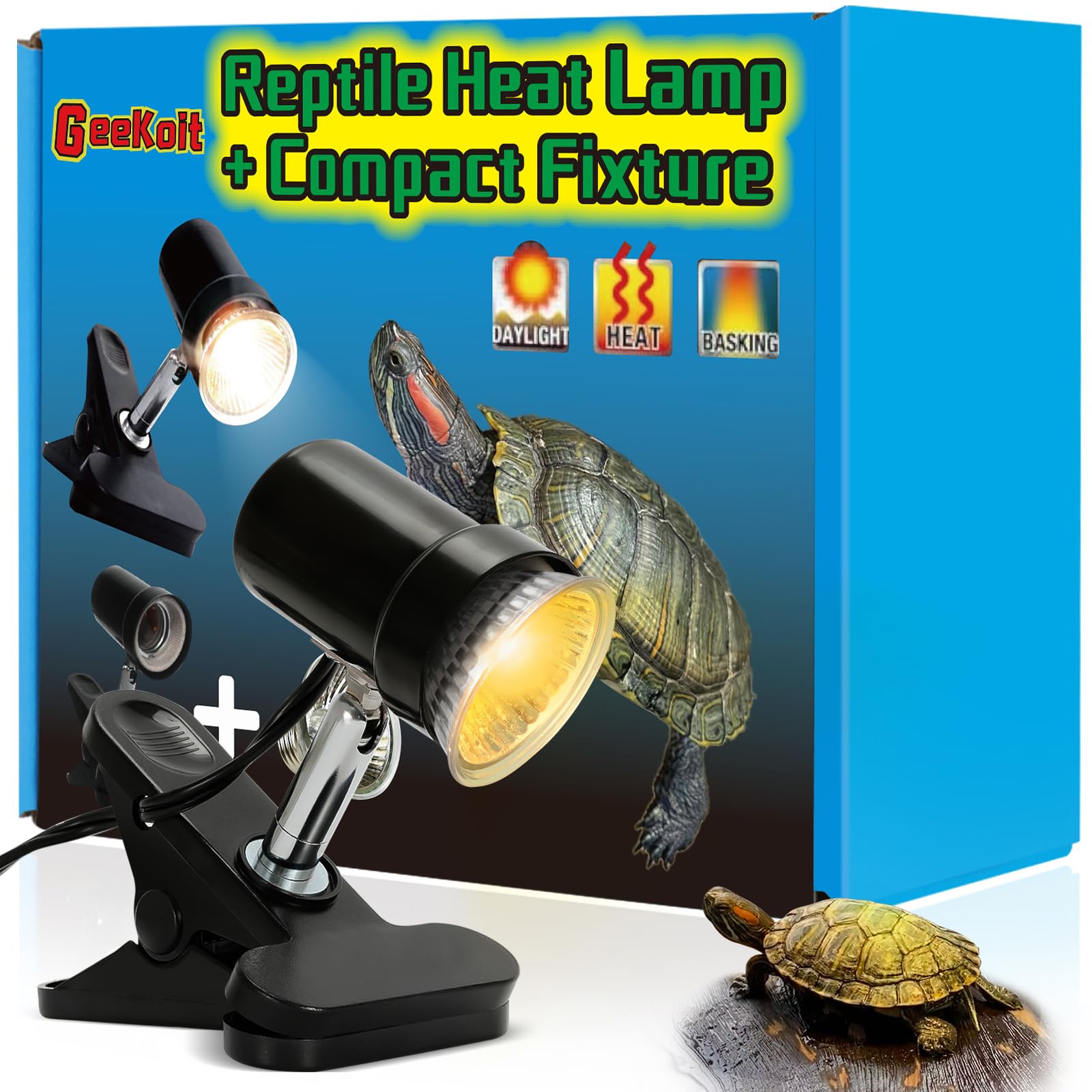 (2nd Gen) 50W Reptile Heat Lamp Turtle Lamp UVA UVB Bulb with Compact Fixture Basking Light Simulated Sunlight Heat Bulbs for Reptiles Amphibians Turtle Bearded Dragon Lizard Snake Chicken