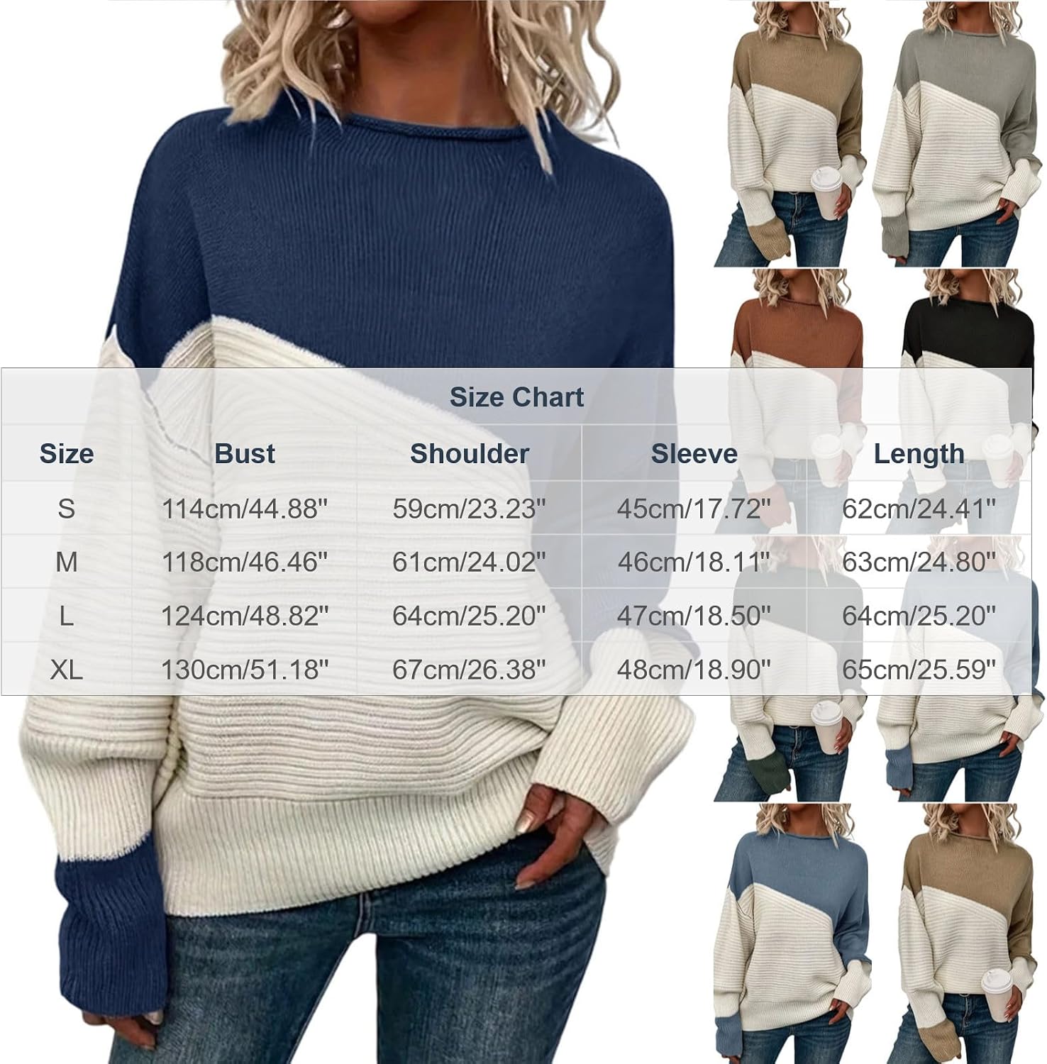 Women Color Block Roll Neck Sweater Ribbed Knit Long Sleeve Shirts