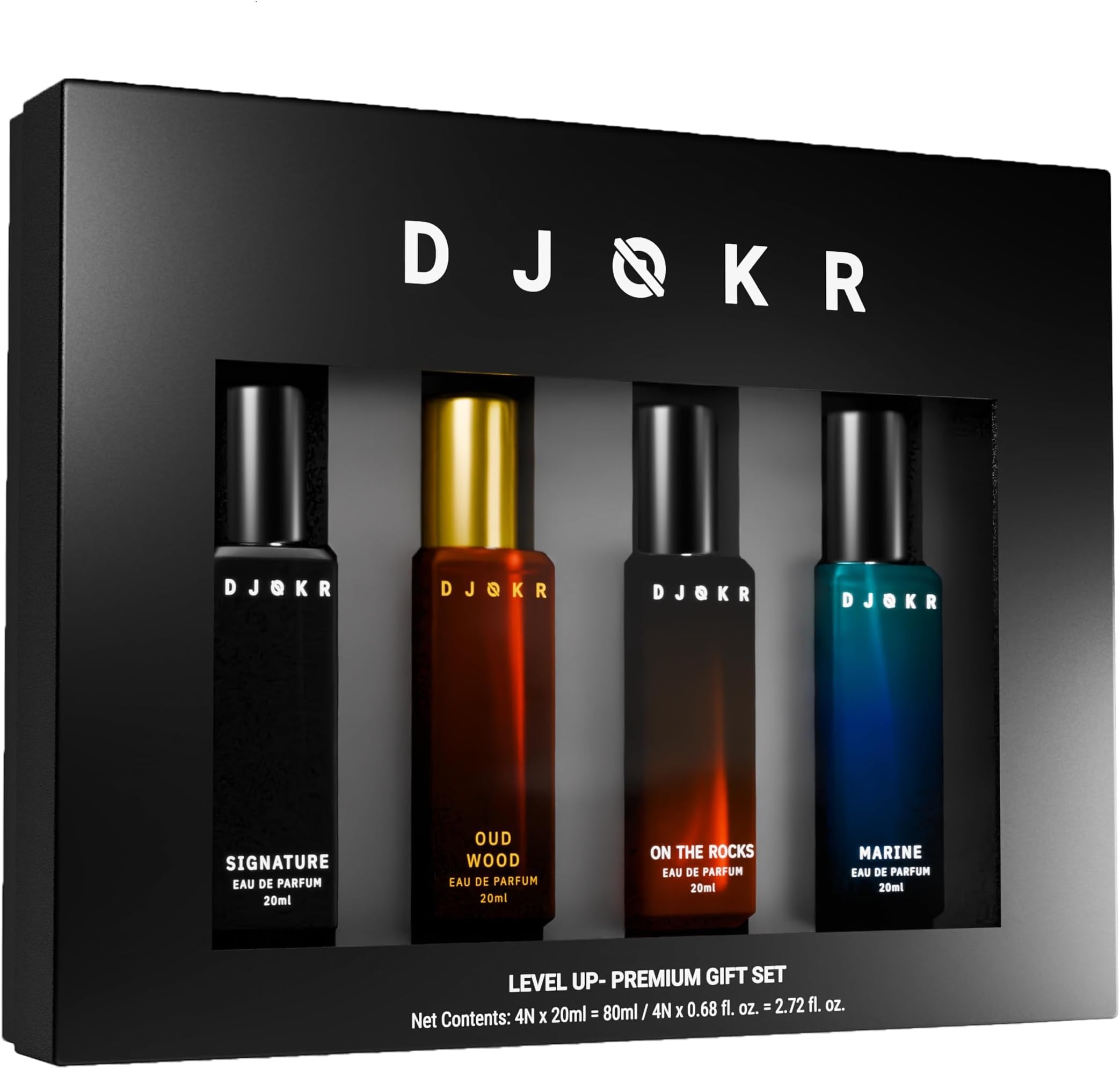 DJOKR Perfume Gift Set for Men Pack of 4x20 ML | Eau De Parfum | Premium Luxury Long Lasting Fragrance Spray | Signature, On The Rocks, Oud Wood, Marine (4x20 ml)