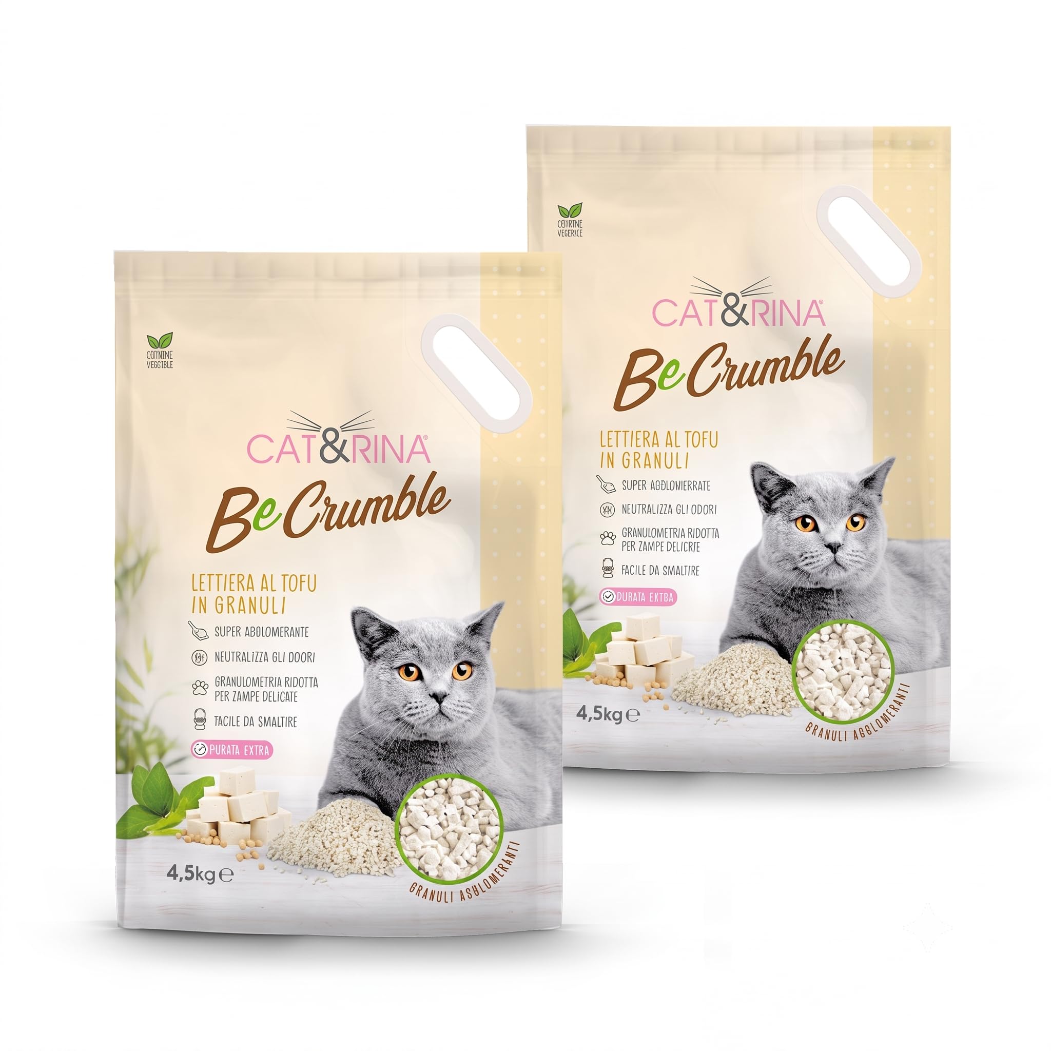 Cat&Rina BeCrumble, Lettiera in granuli per Gatti al Tofu 4,5kg, 2 Pezzi | Agglomerante, Vegetale, Smaltibile nell'organico o nel wc, Anti odore